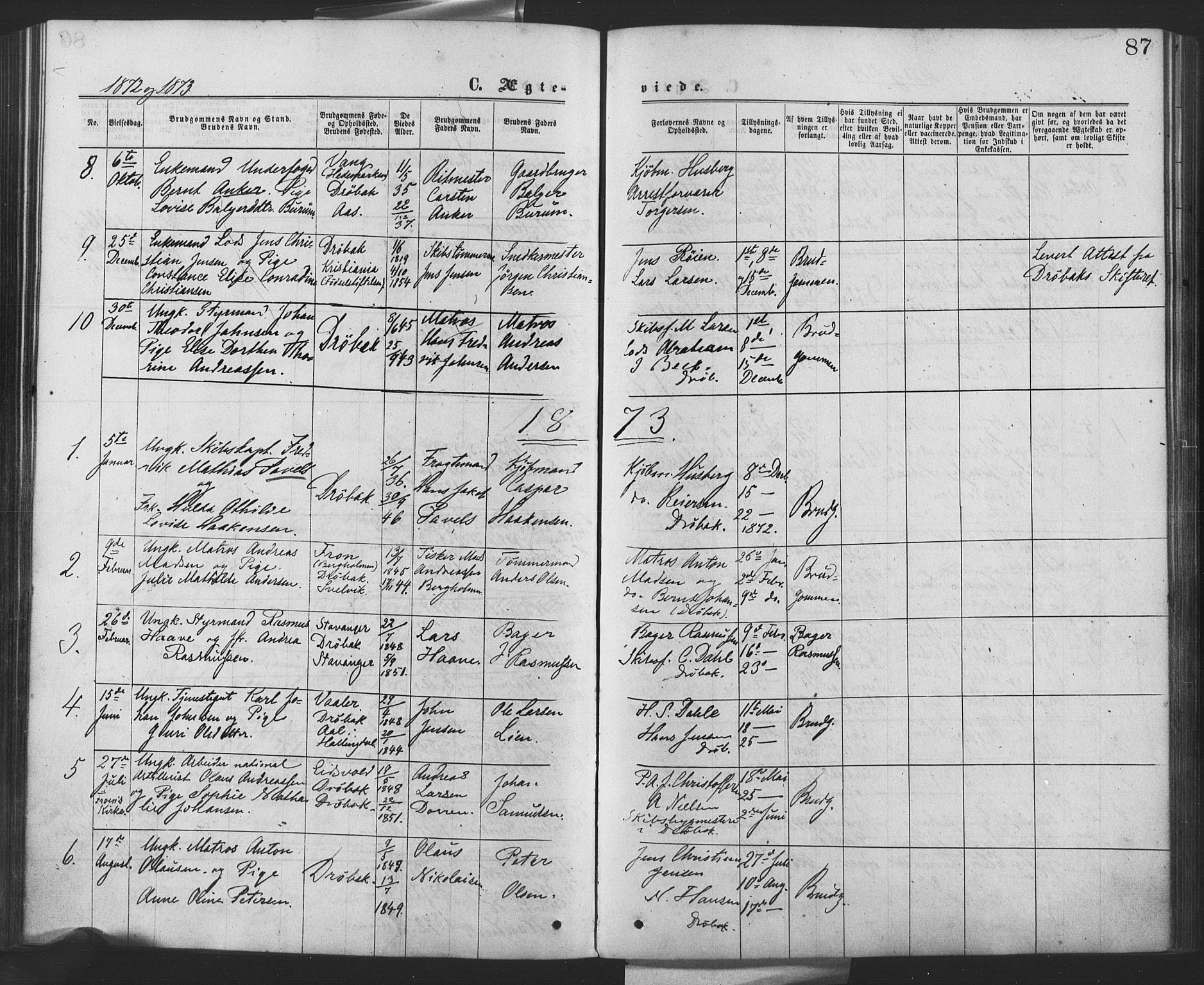 Drøbak prestekontor Kirkebøker, AV/SAO-A-10142a/F/Fa/L0003: Parish register (official) no. I 3, 1871-1877, p. 87
