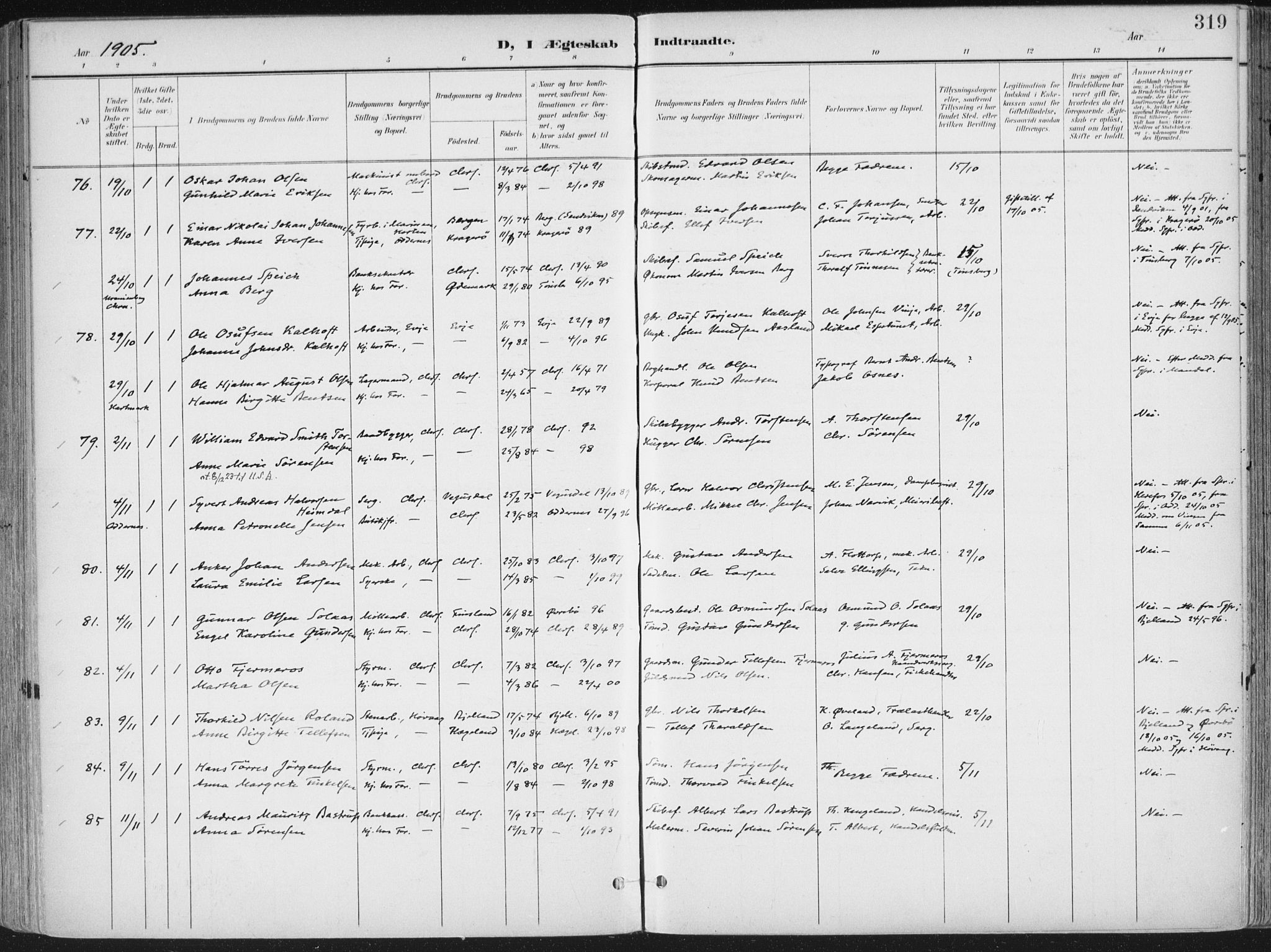 Kristiansand domprosti, AV/SAK-1112-0006/F/Fa/L0021: Parish register (official) no. A 20, 1898-1908, p. 319