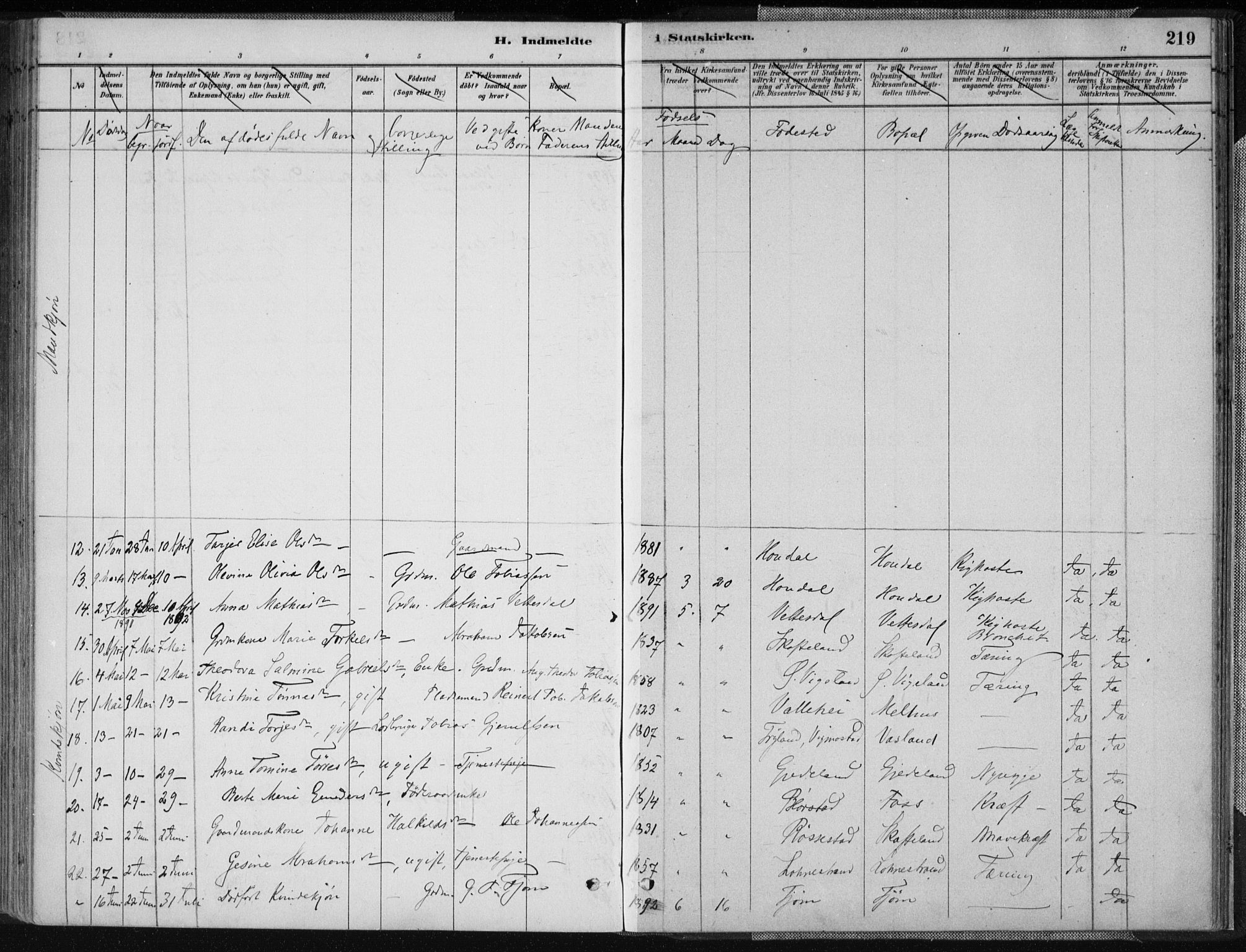 Sør-Audnedal sokneprestkontor, AV/SAK-1111-0039/F/Fa/Fab/L0009: Parish register (official) no. A 9, 1880-1895, p. 219