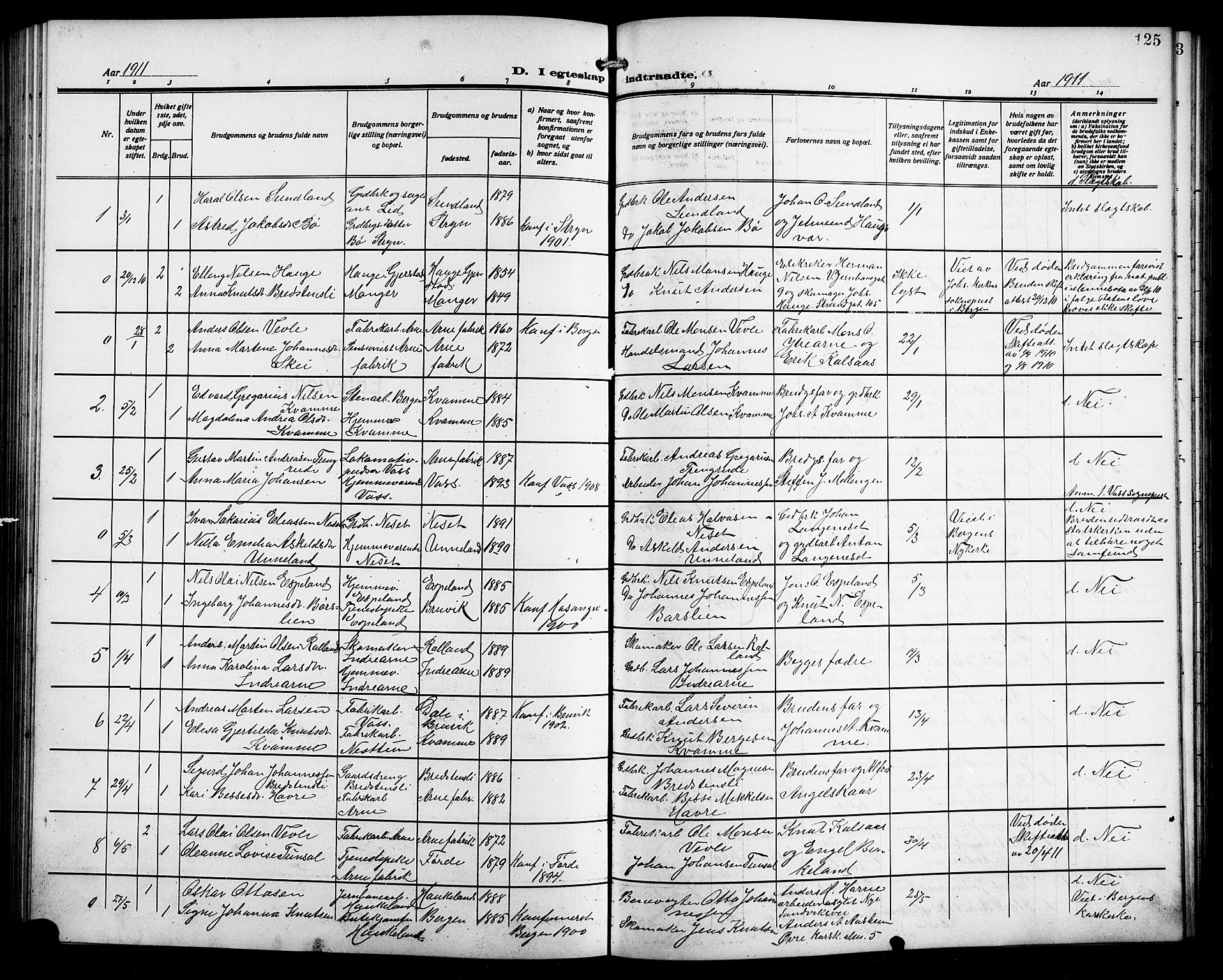 Arna Sokneprestembete, SAB/A-74001/H/Ha/Hab: Parish register (copy) no. A 5, 1911-1921, p. 125