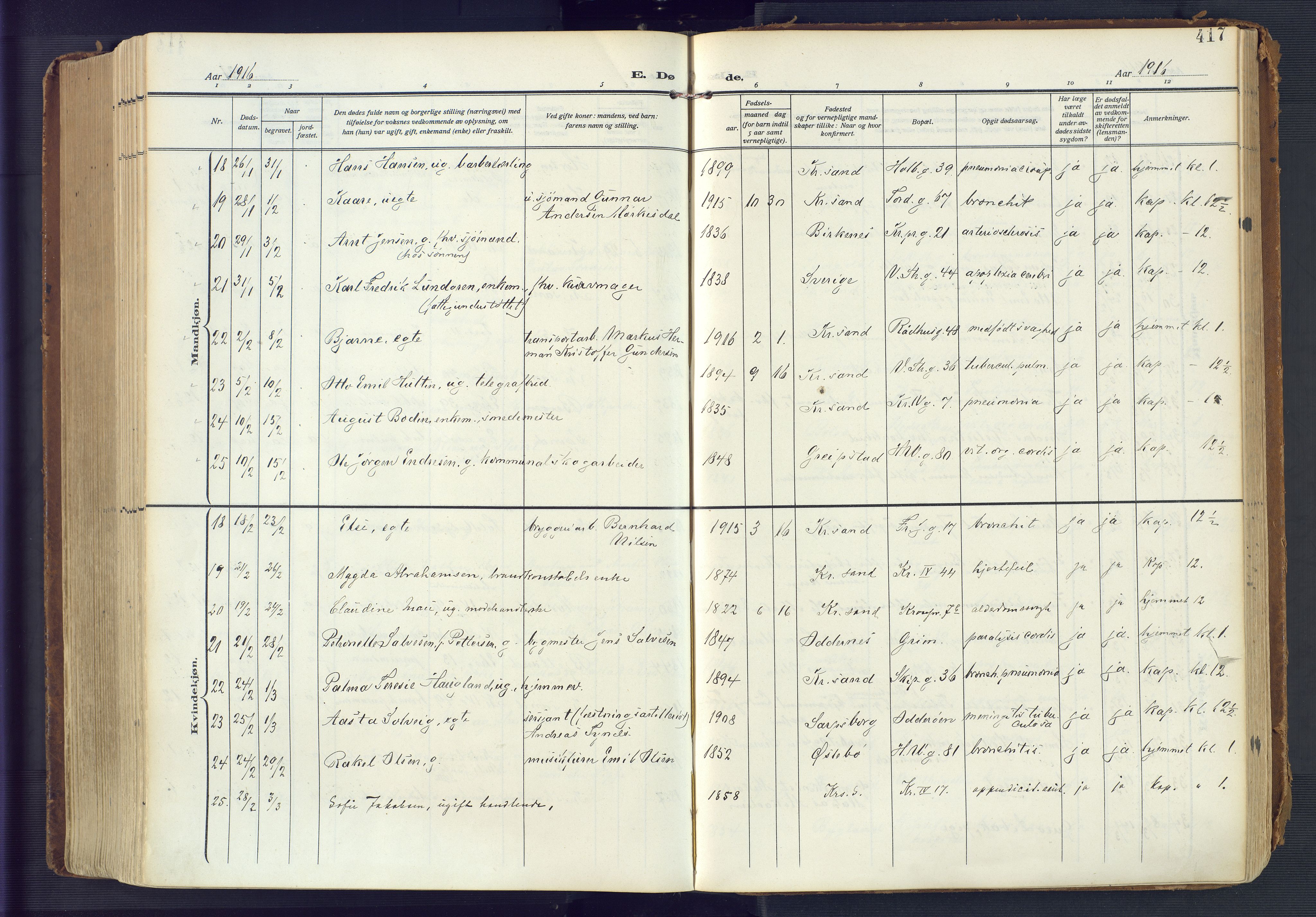 Kristiansand domprosti, AV/SAK-1112-0006/F/Fa/L0023: Parish register (official) no. A 22, 1909-1917, p. 417