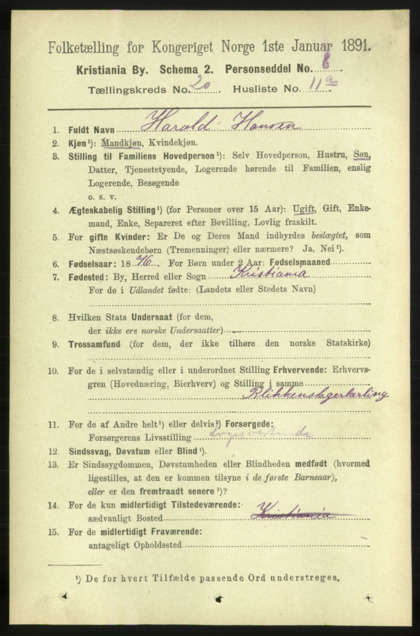 RA, 1891 census for 0301 Kristiania, 1891, p. 9975