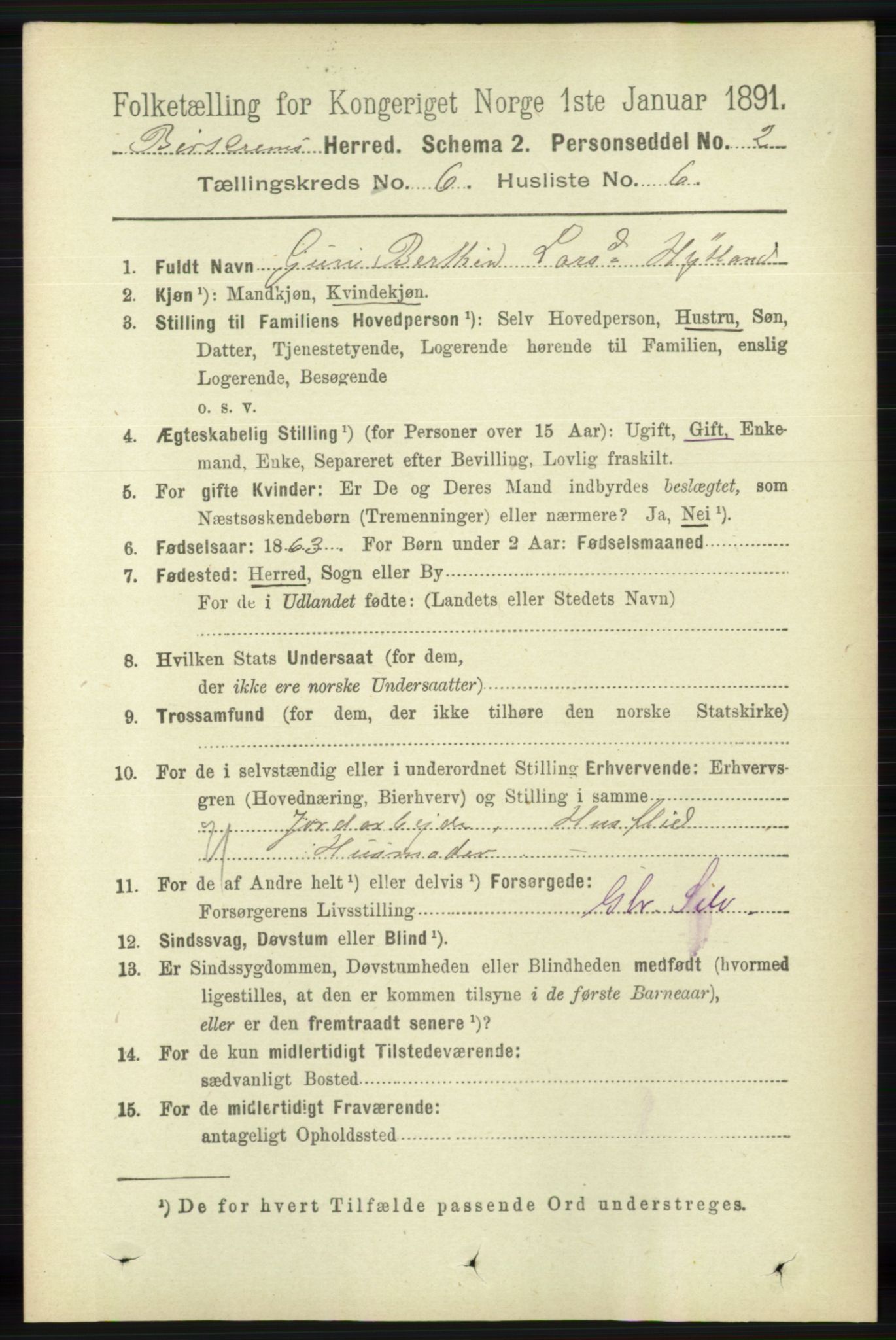 RA, 1891 census for 1114 Bjerkreim, 1891, p. 2104