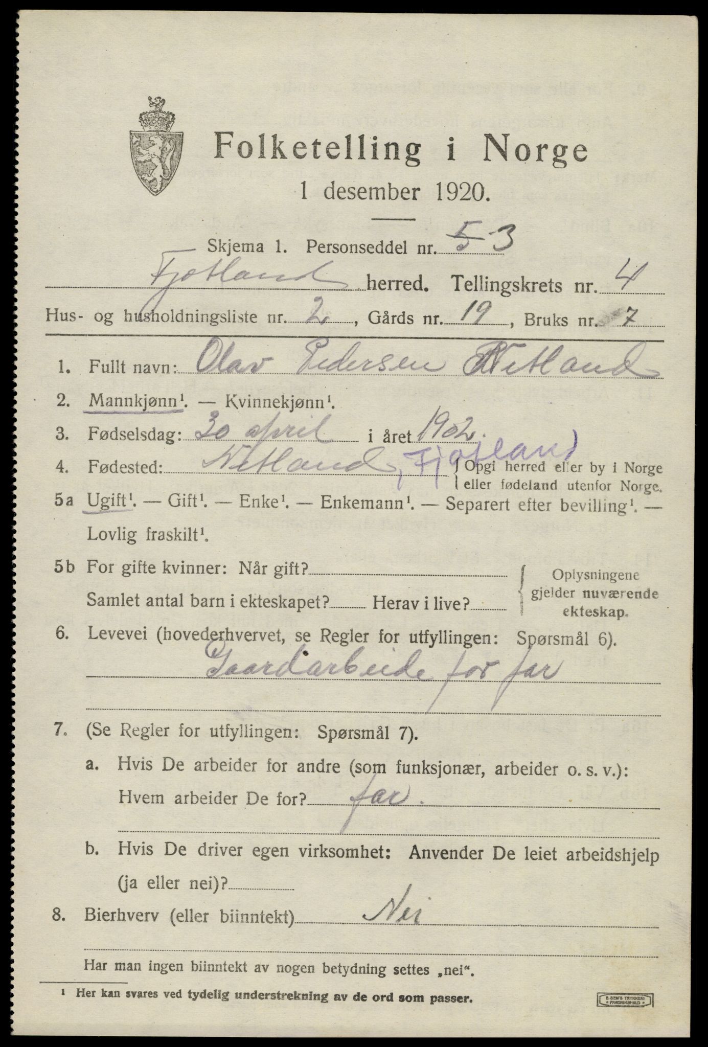 SAK, 1920 census for Fjotland, 1920, p. 1198