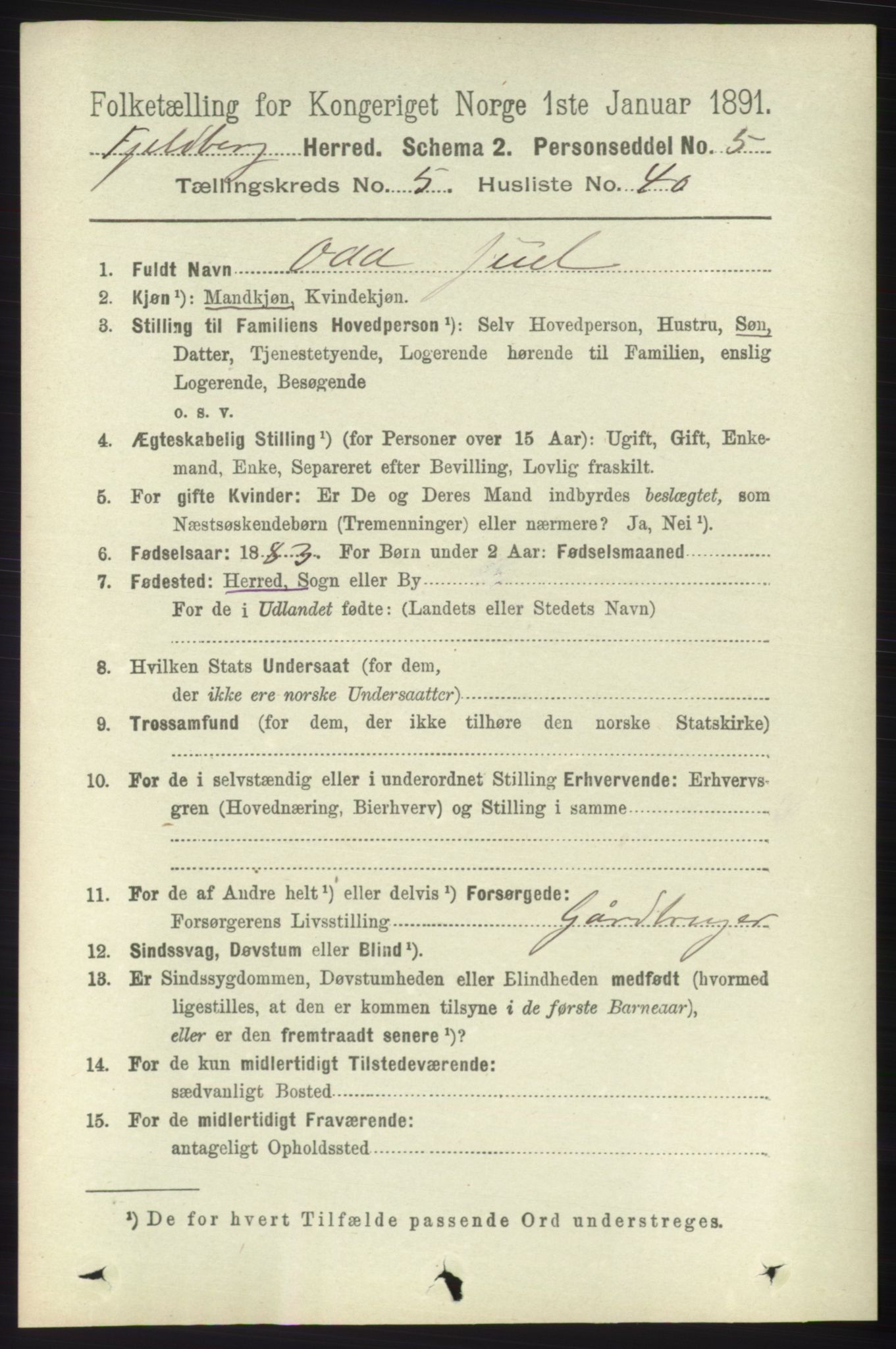 RA, 1891 census for 1213 Fjelberg, 1891, p. 1709