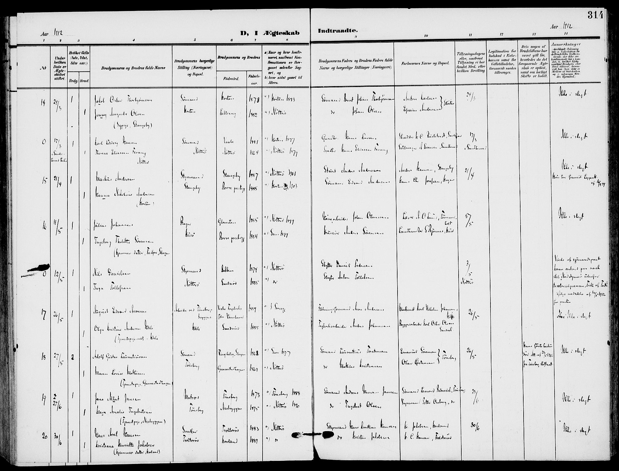 Nøtterøy kirkebøker, AV/SAKO-A-354/F/Fa/L0010: Parish register (official) no. I 10, 1908-1919, p. 314