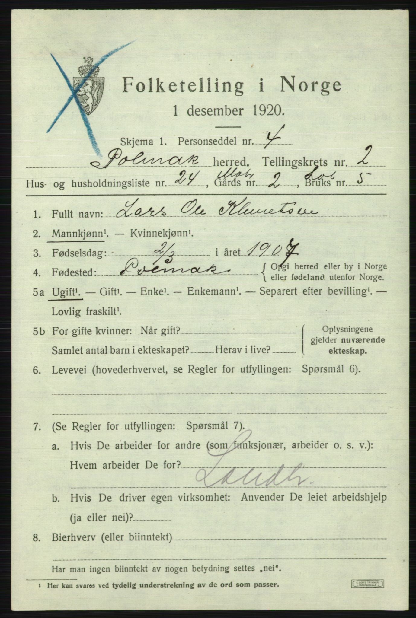 SATØ, 1920 census for Polmak, 1920, p. 995