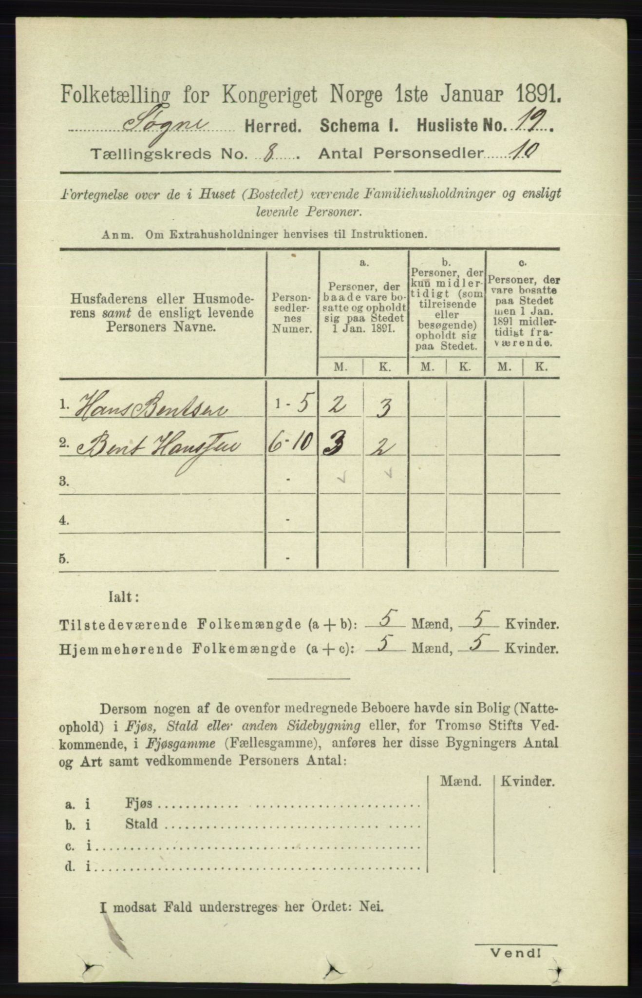 RA, 1891 census for 1018 Søgne, 1891, p. 2186