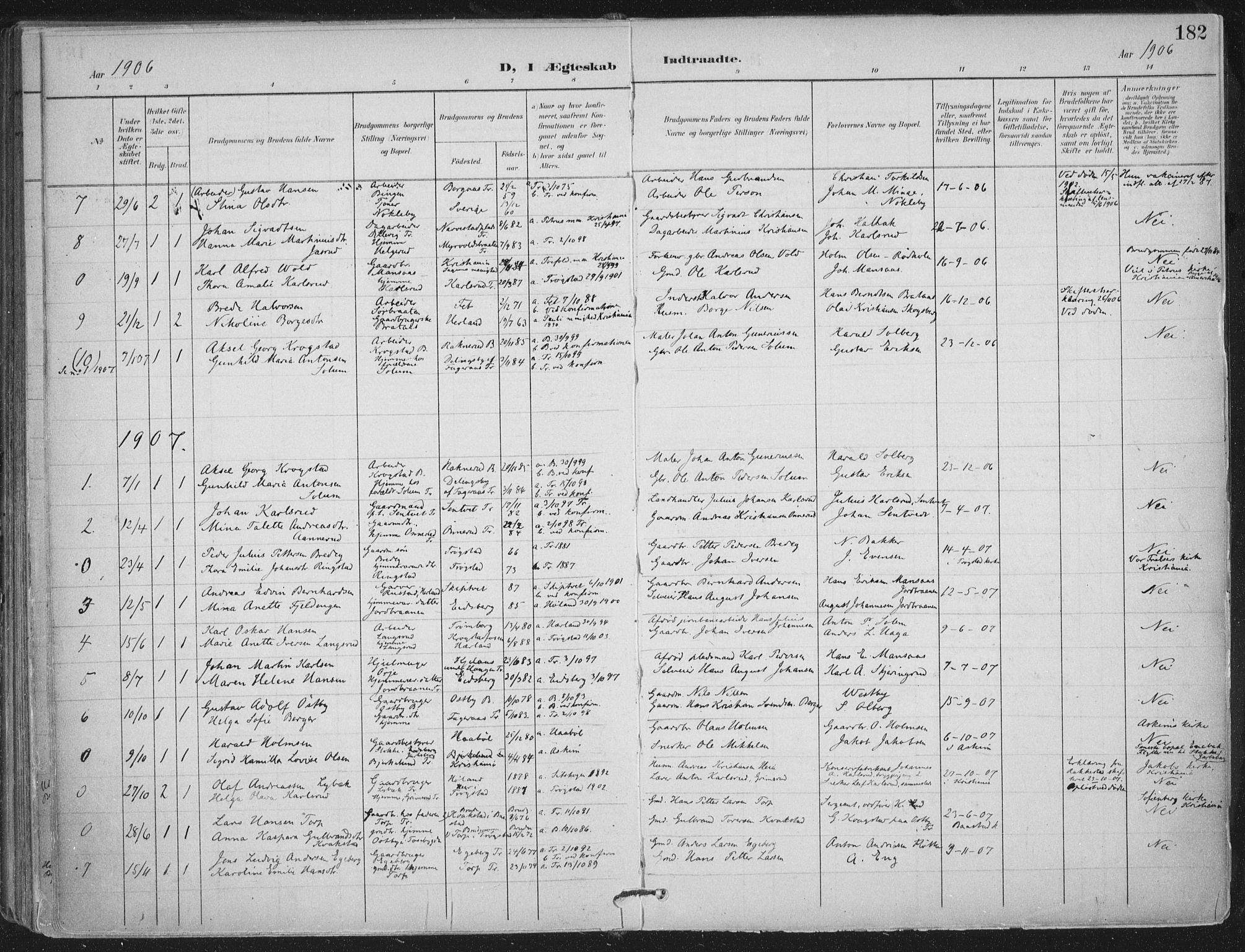 Trøgstad prestekontor Kirkebøker, AV/SAO-A-10925/F/Fa/L0011: Parish register (official) no. I 11, 1899-1919, p. 182