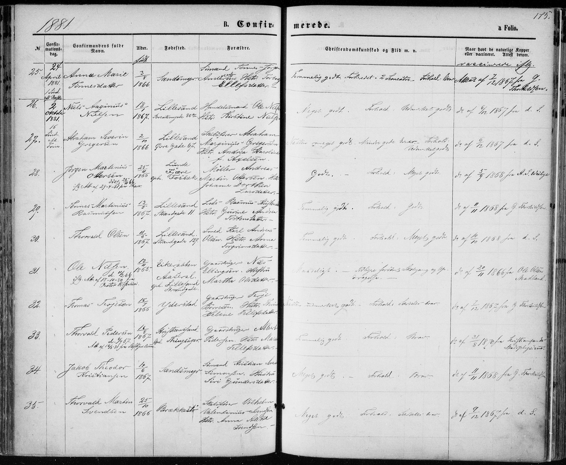 Vestre Moland sokneprestkontor, AV/SAK-1111-0046/F/Fa/Fab/L0008: Parish register (official) no. A 8, 1873-1883, p. 175