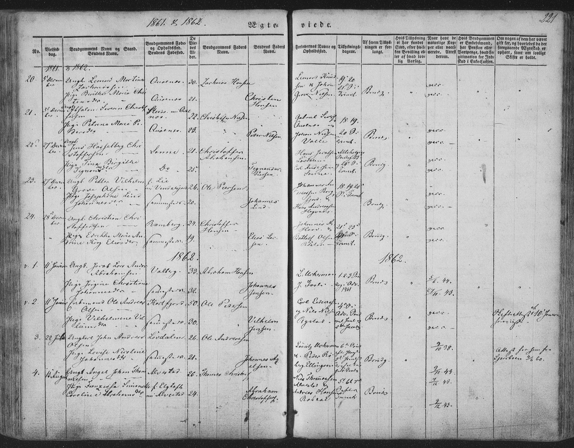 Ministerialprotokoller, klokkerbøker og fødselsregistre - Nordland, AV/SAT-A-1459/880/L1131: Parish register (official) no. 880A05, 1844-1868, p. 221