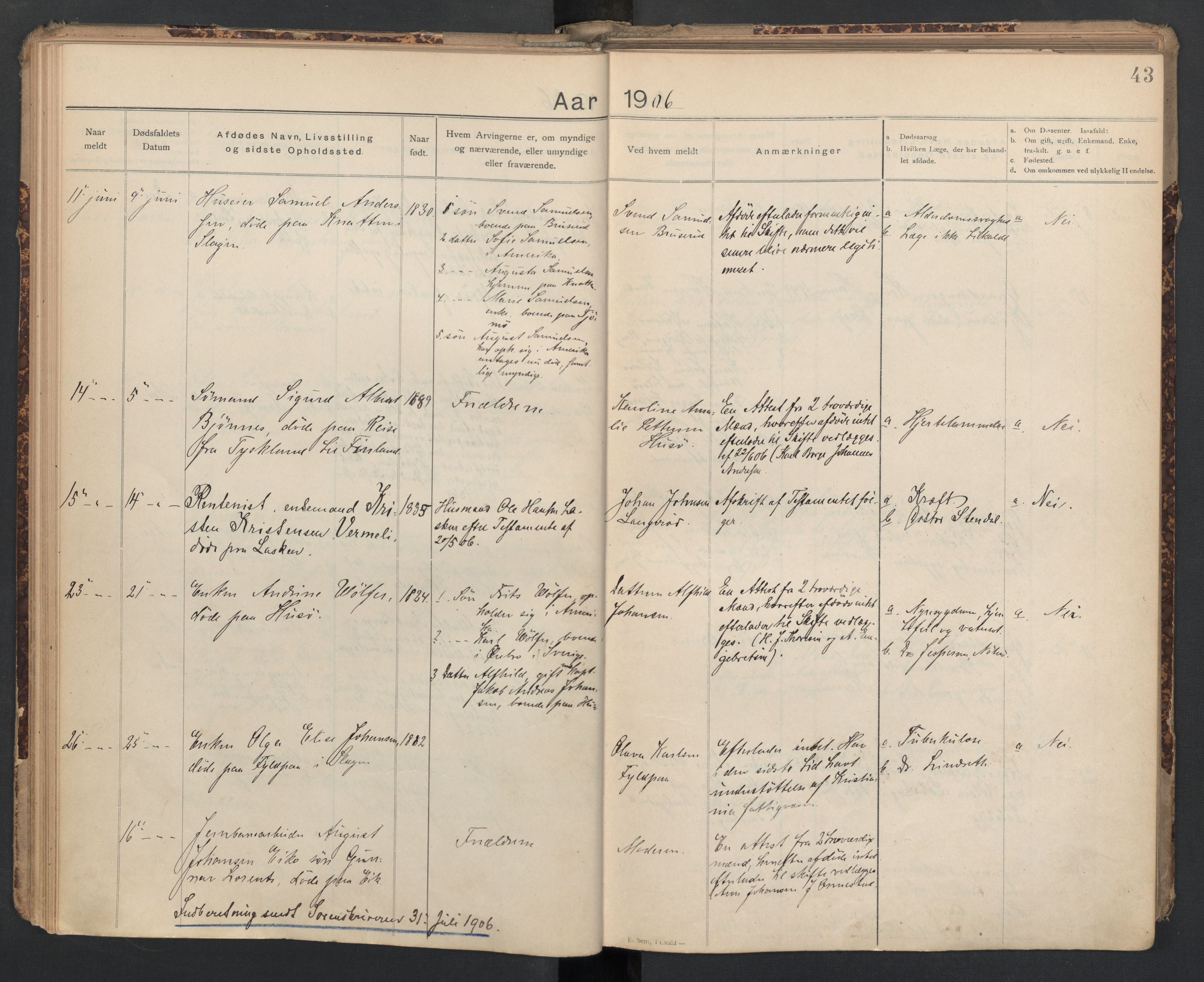 Sem lensmannskontor, AV/SAKO-A-547/H/Ha/L0005: Dødsfallsprotokoll, 1903-1916, p. 43