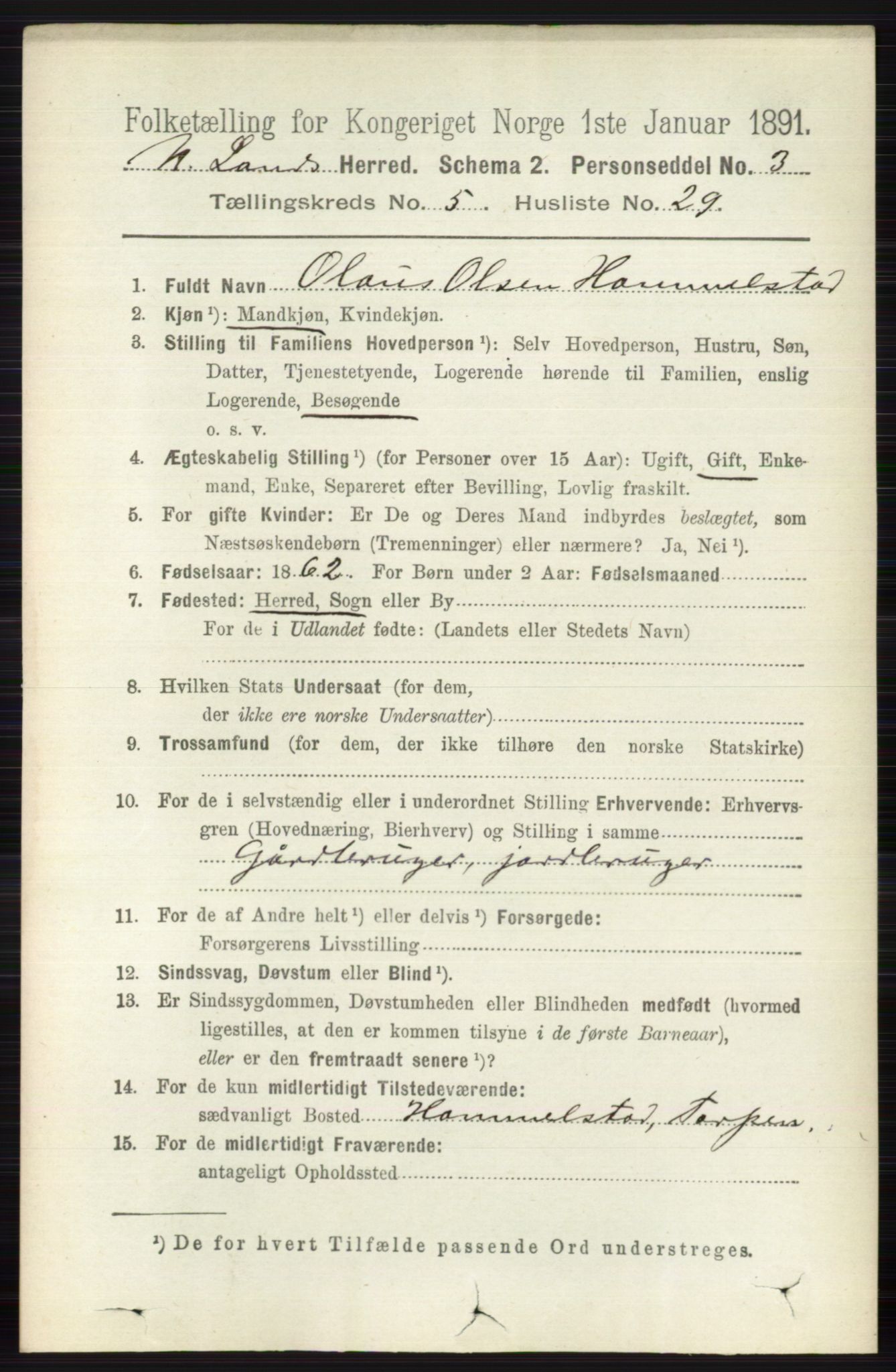 RA, 1891 census for 0538 Nordre Land, 1891, p. 1724