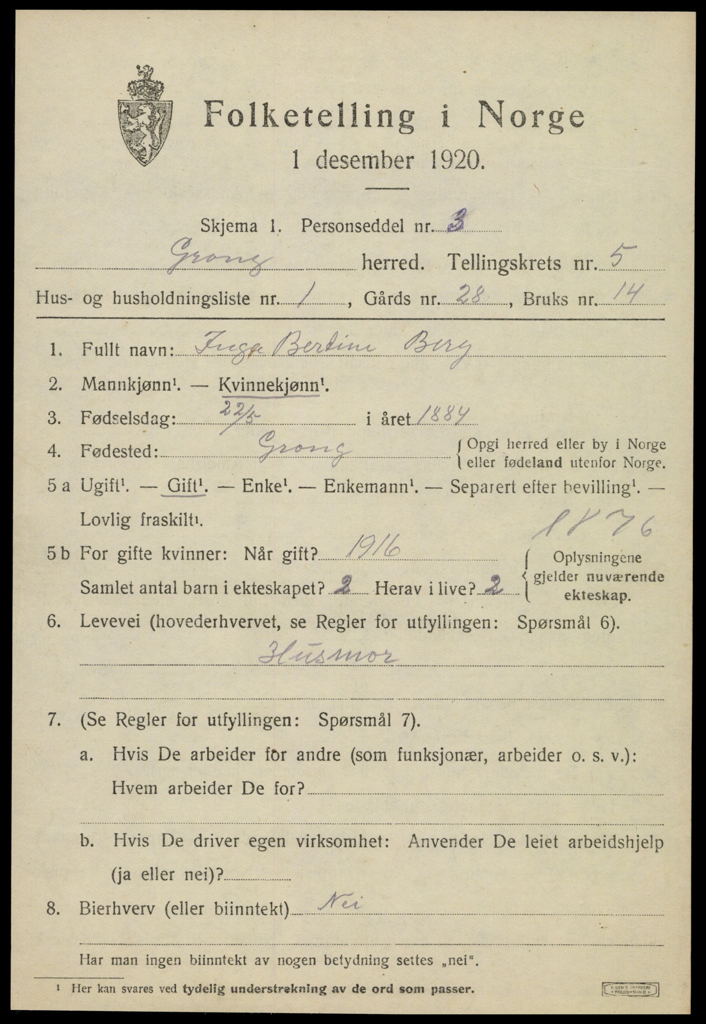 SAT, 1920 census for Grong, 1920, p. 3287