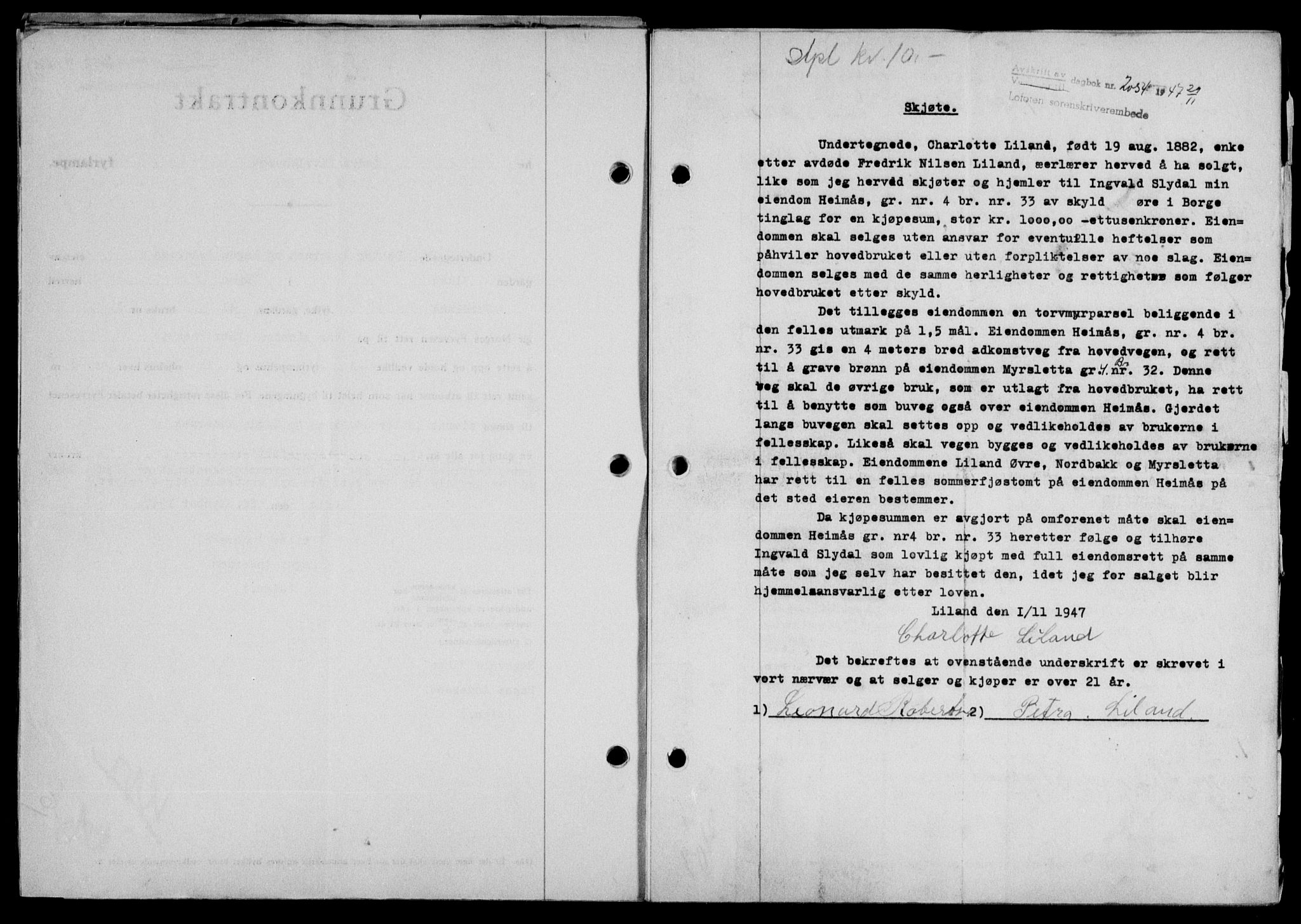 Lofoten sorenskriveri, SAT/A-0017/1/2/2C/L0017a: Mortgage book no. 17a, 1947-1948, Diary no: : 2054/1947