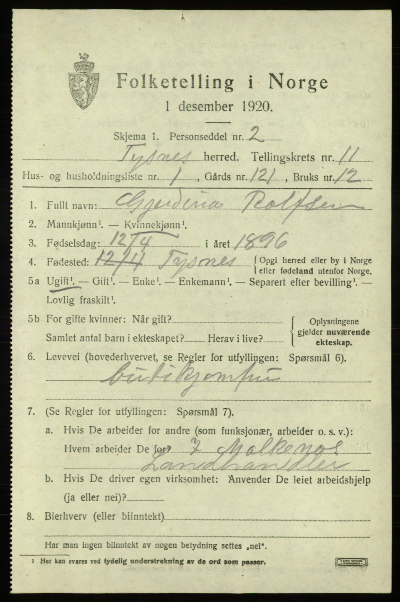 SAB, 1920 census for Tysnes, 1920, p. 7494