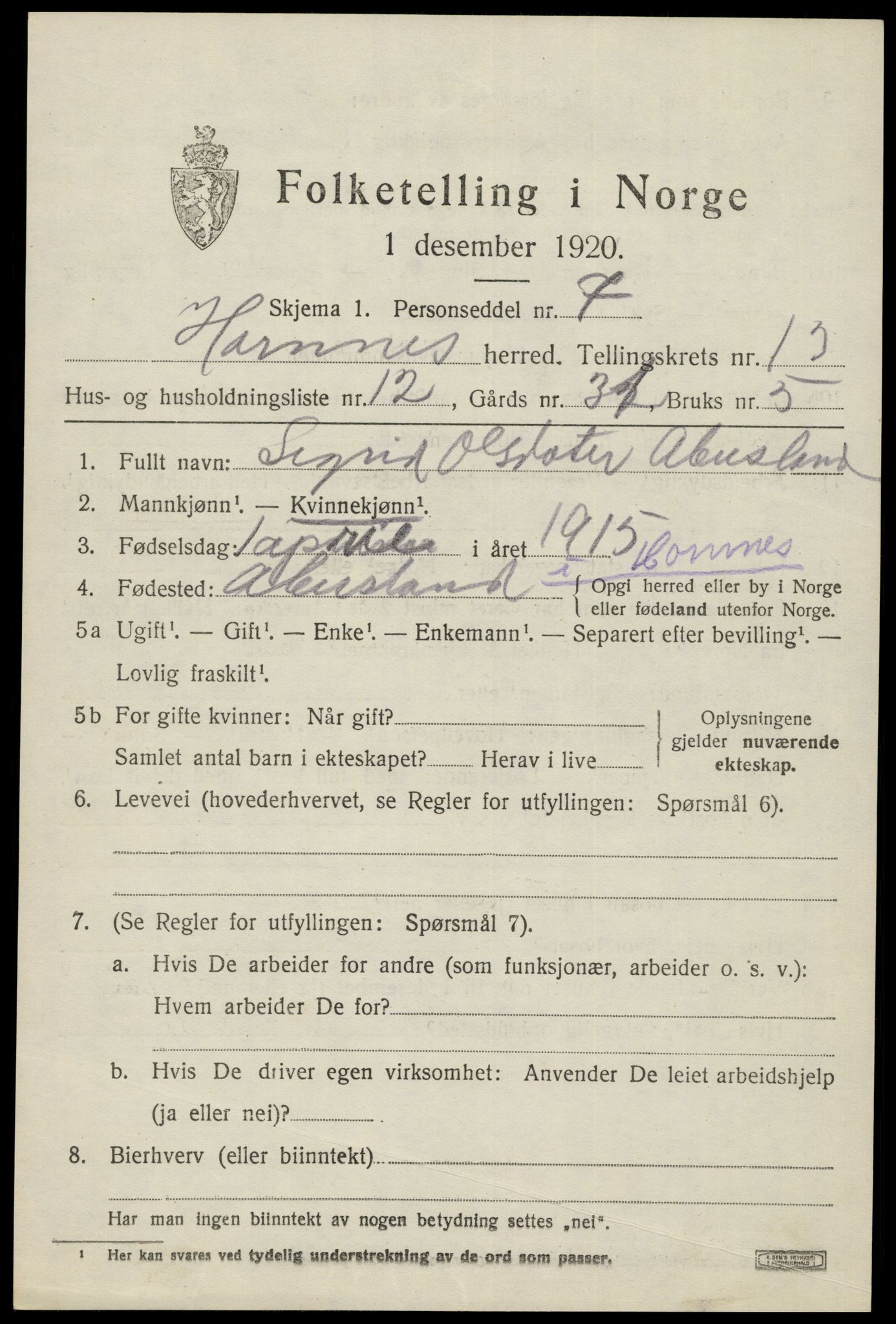 SAK, 1920 census for Hornnes, 1920, p. 3221
