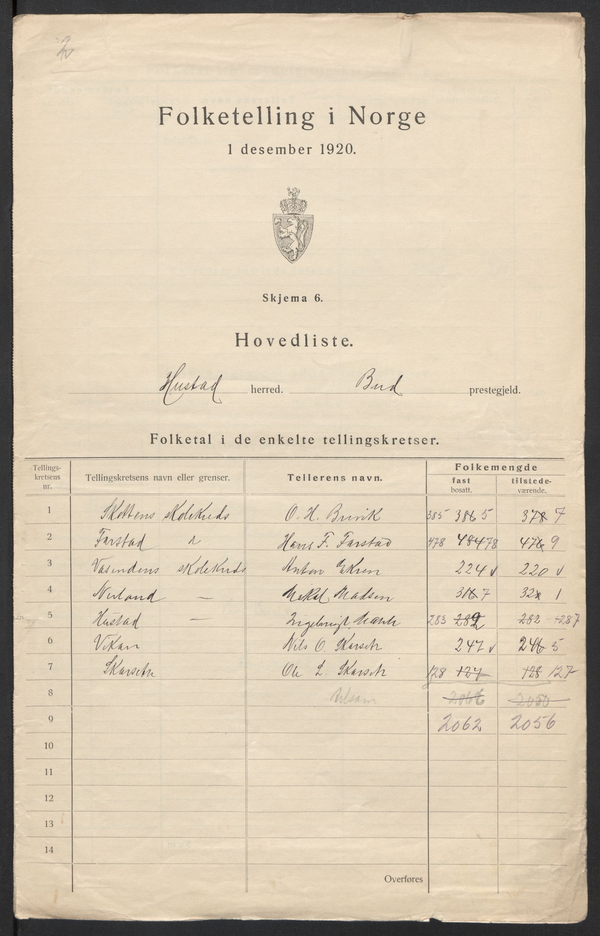 SAT, 1920 census for Hustad, 1920, p. 3