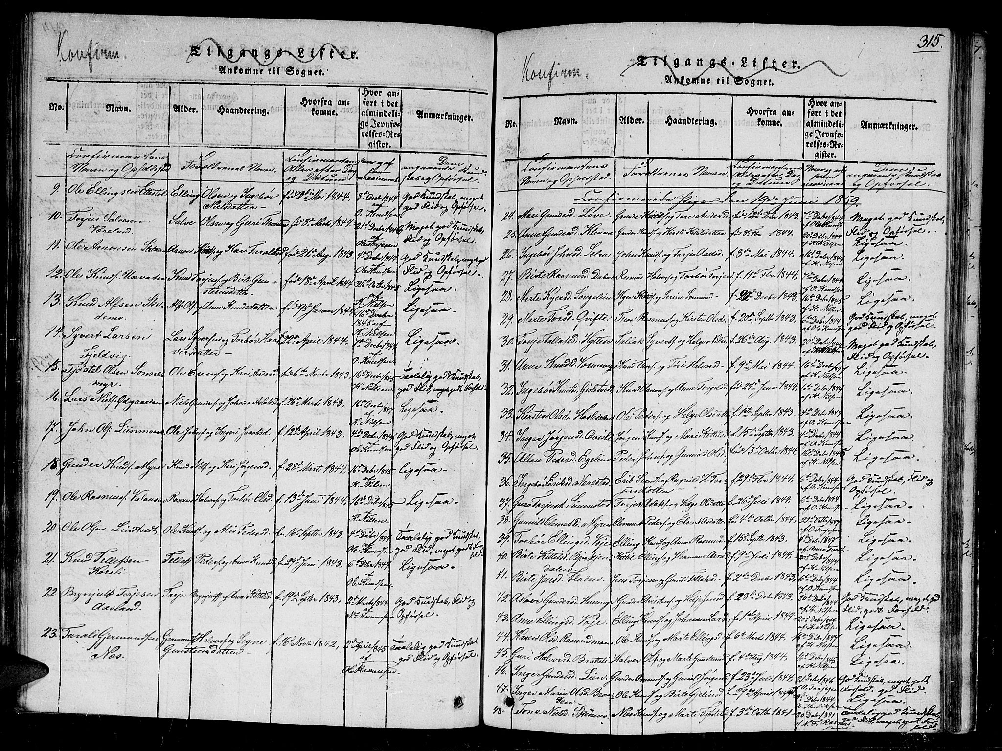 Gjerstad sokneprestkontor, AV/SAK-1111-0014/F/Fb/Fbb/L0001: Parish register (copy) no. B 1, 1813-1863, p. 315