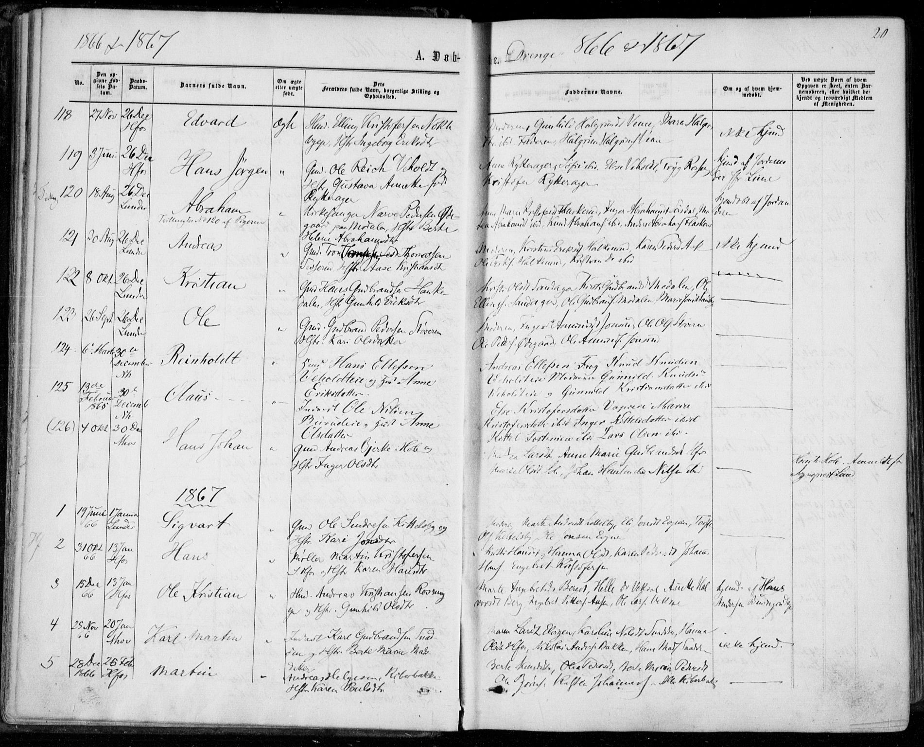Norderhov kirkebøker, SAKO/A-237/F/Fa/L0013: Parish register (official) no. 13, 1866-1874, p. 20