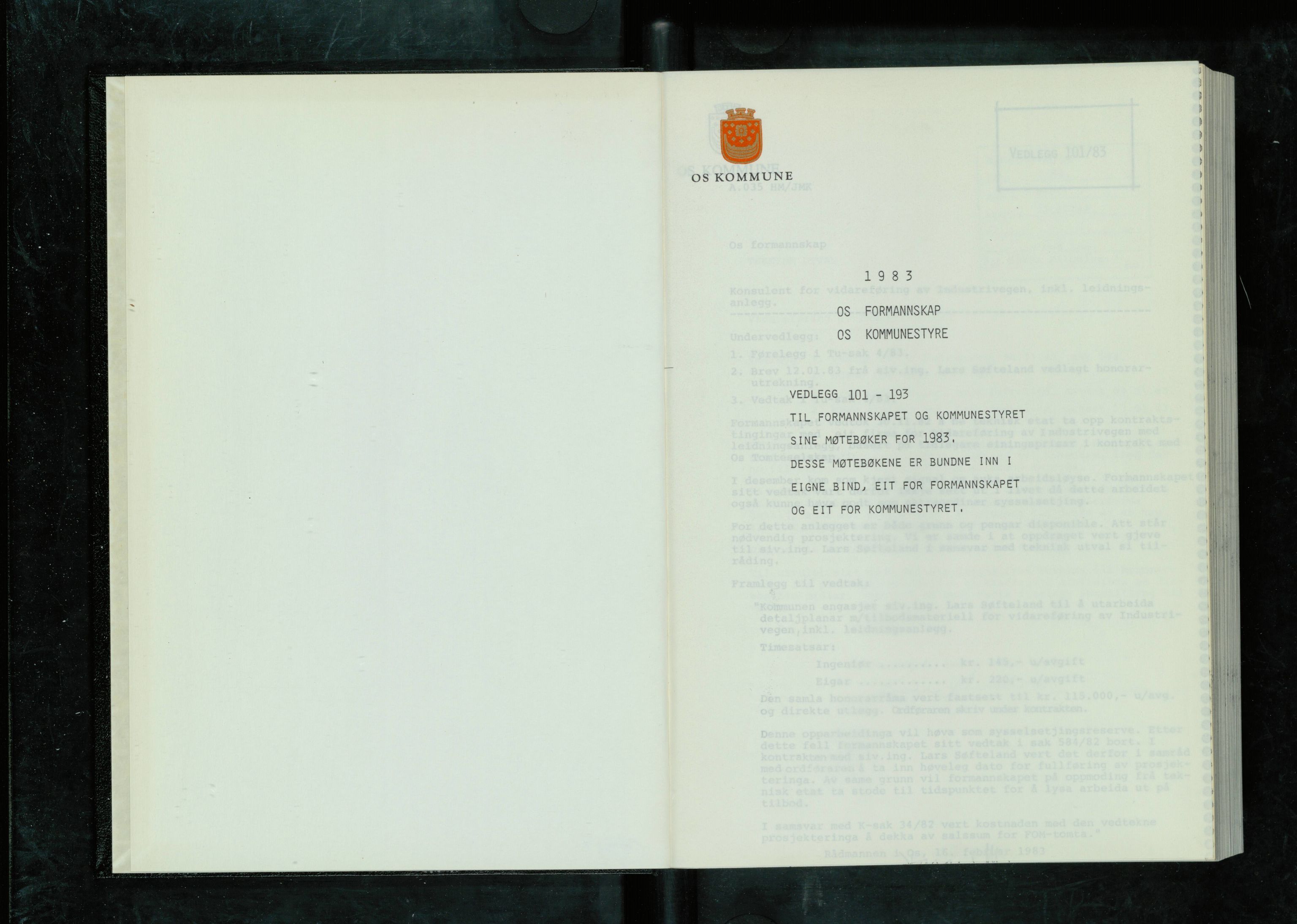 Os kommune. Formannskapet, IKAH/1243-021/A/Ad/L0052: Protokoll over saksvedlegg til møtebøker for formannskapet og kommunestyret. Vedlegg 101-193, 1983