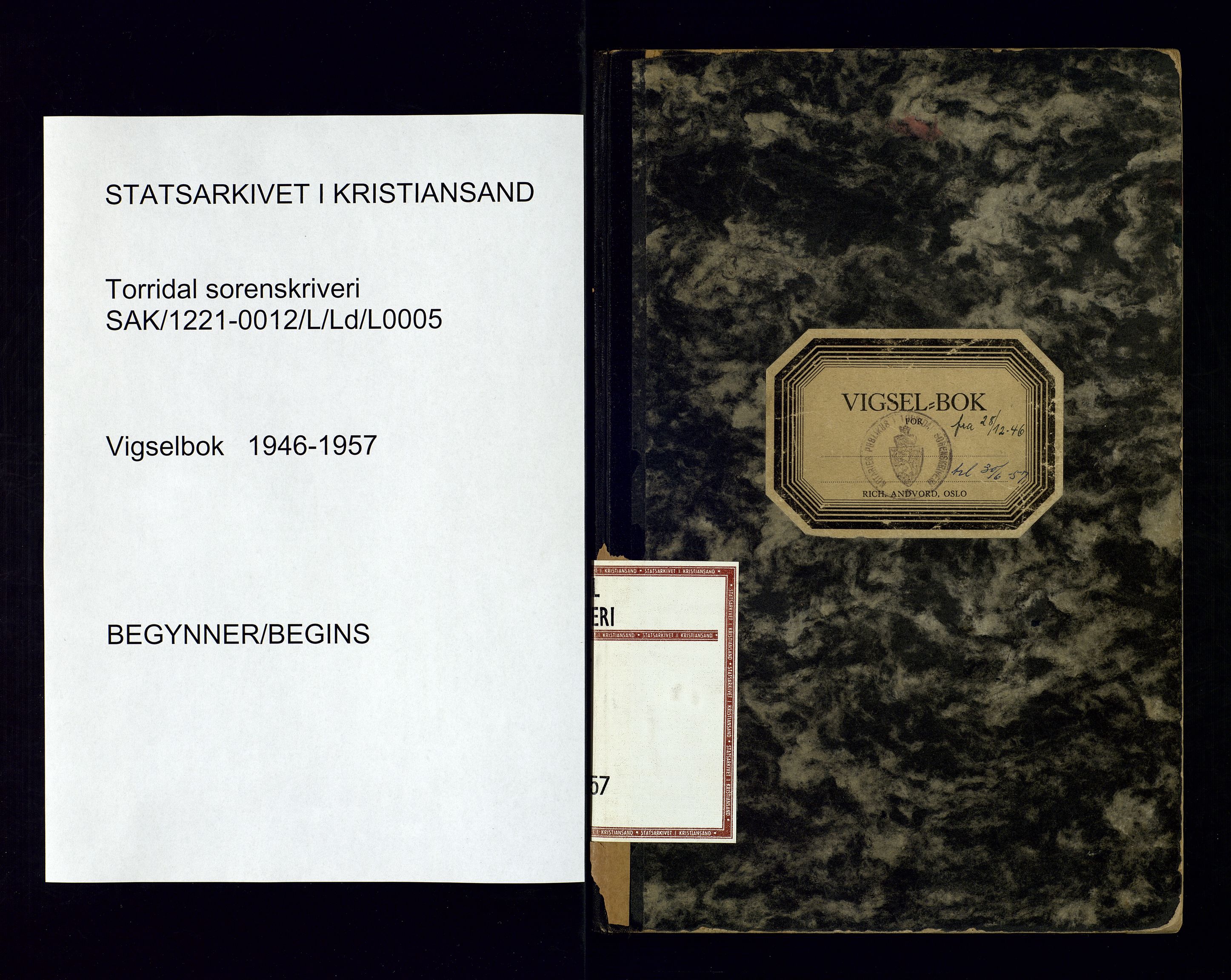 Torridal sorenskriveri, SAK/1221-0012/L/Ld/L0005: Vigselbok nr. 3, 1946-1957
