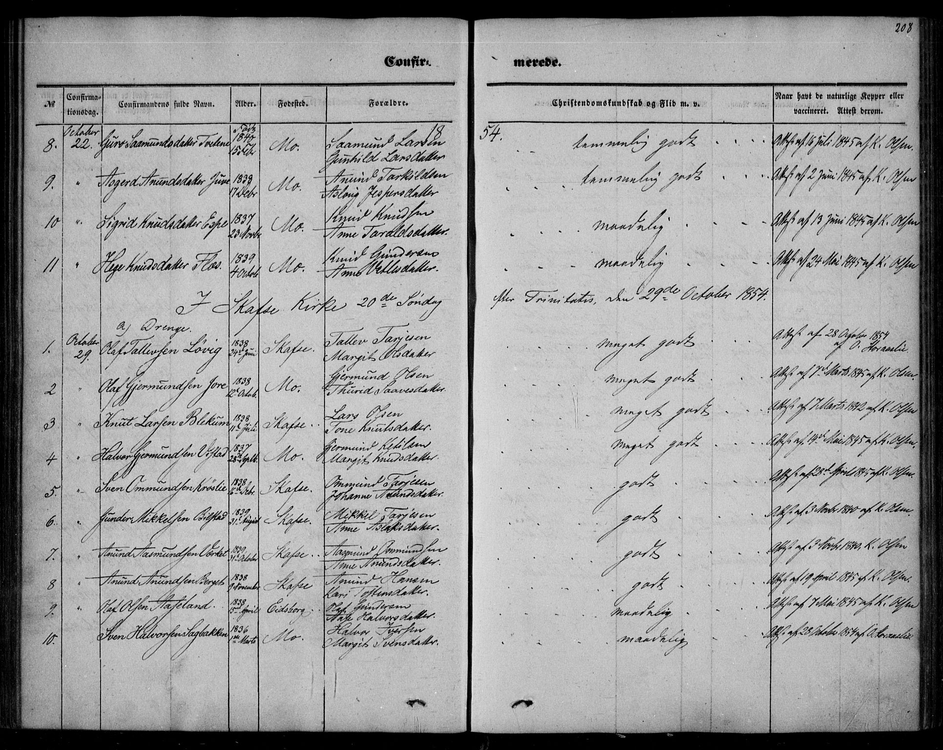 Mo kirkebøker, SAKO/A-286/F/Fa/L0005: Parish register (official) no. I 5, 1844-1864, p. 208