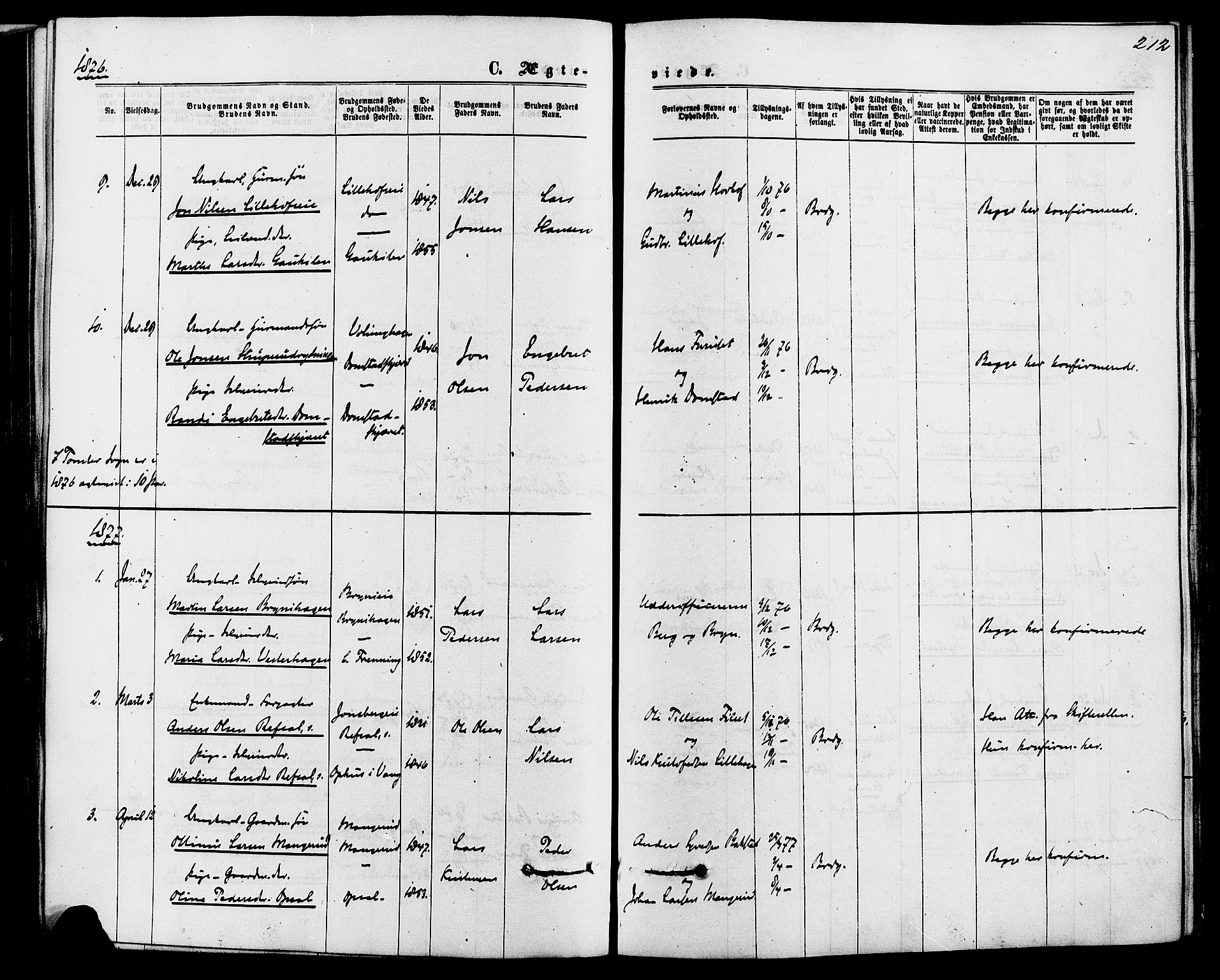 Romedal prestekontor, SAH/PREST-004/K/L0006: Parish register (official) no. 6, 1866-1886, p. 212