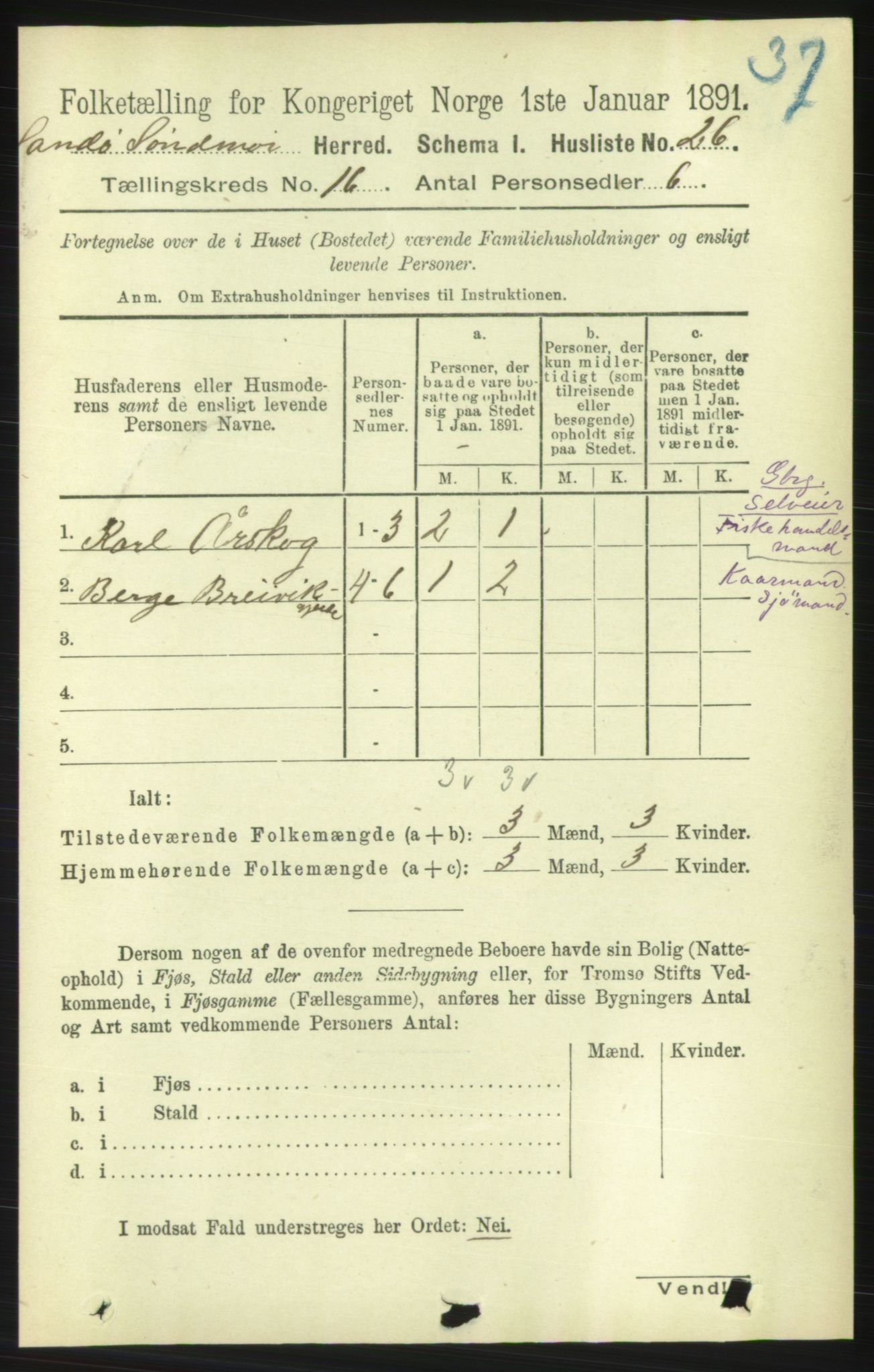 RA, 1891 census for 1514 Sande, 1891, p. 3165