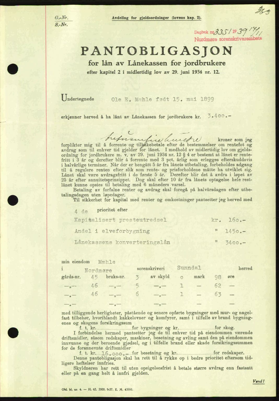 Nordmøre sorenskriveri, AV/SAT-A-4132/1/2/2Ca: Mortgage book no. B86, 1939-1940, Diary no: : 3351/1939