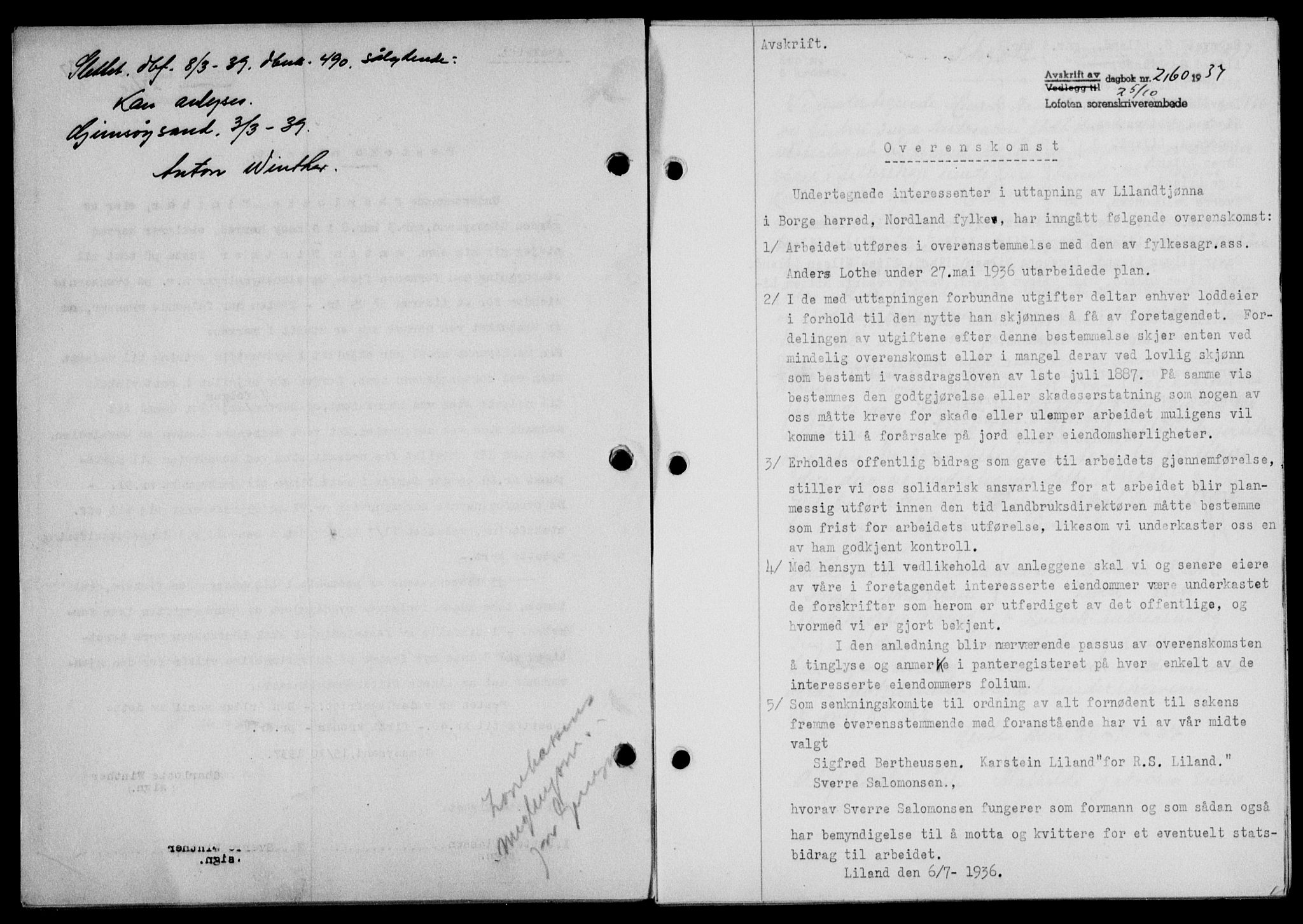 Lofoten sorenskriveri, SAT/A-0017/1/2/2C/L0003a: Mortgage book no. 3a, 1937-1938, Diary no: : 2160/1937