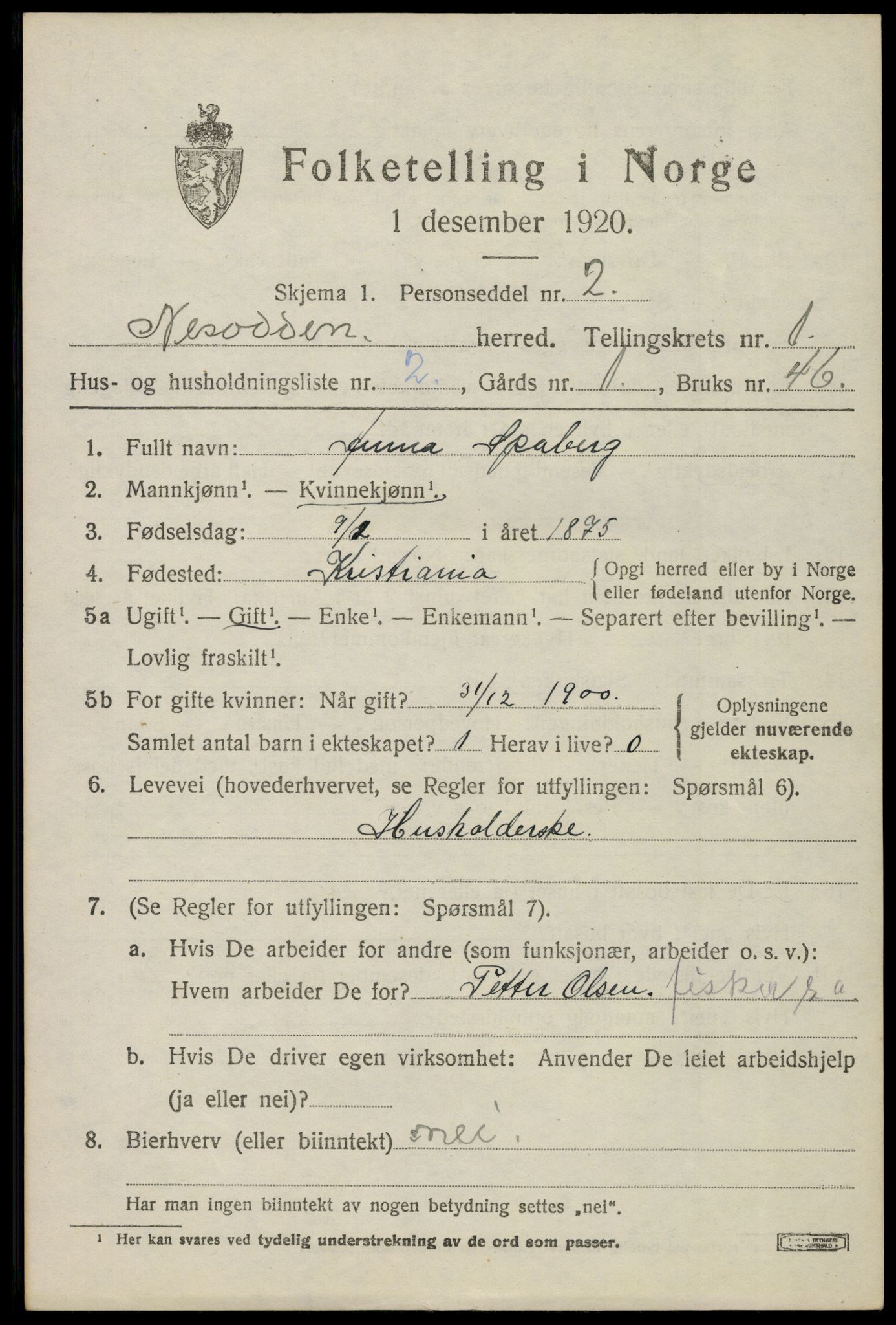 SAO, 1920 census for Nesodden, 1920, p. 1775