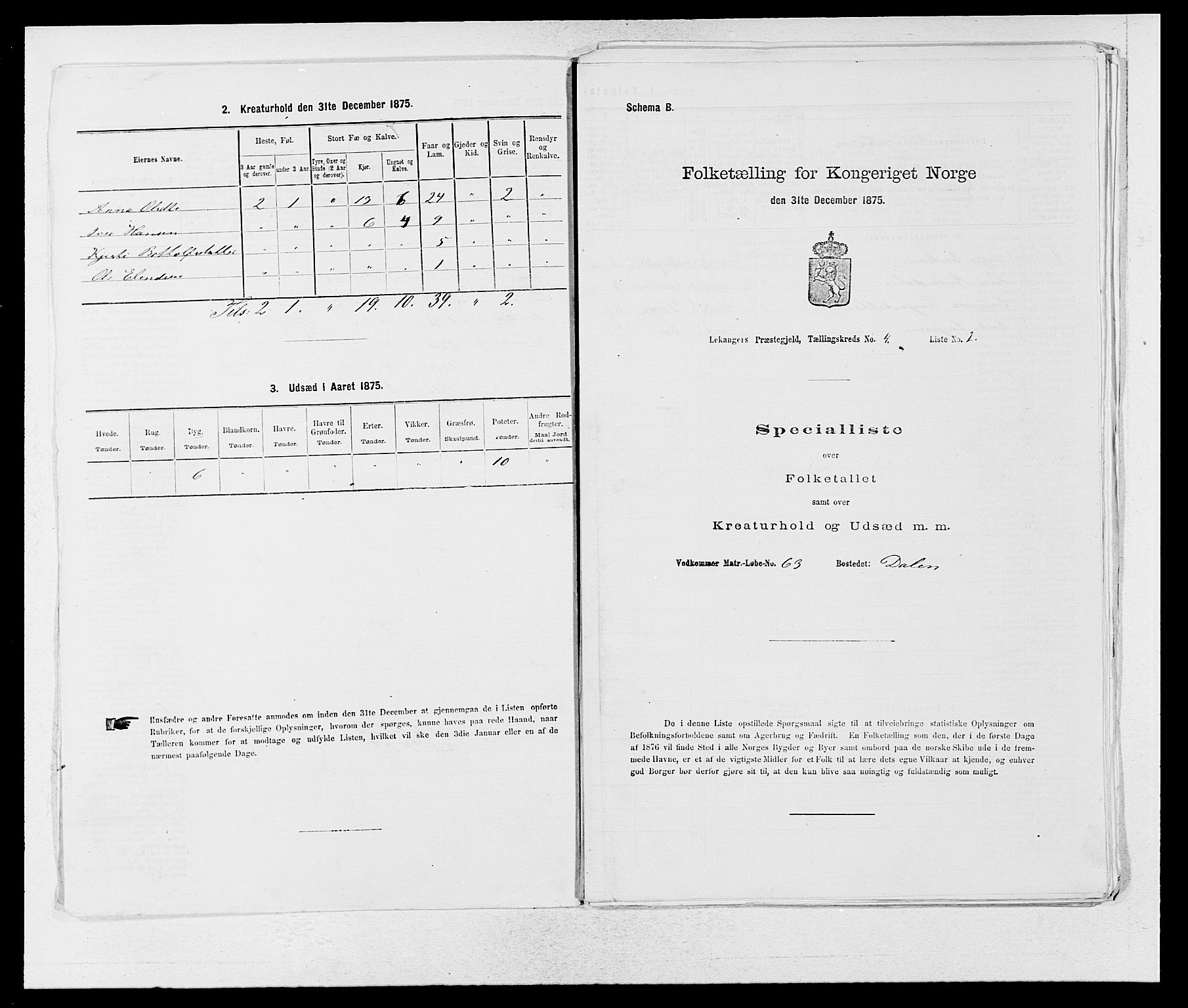 SAB, 1875 census for 1419P Leikanger, 1875, p. 311