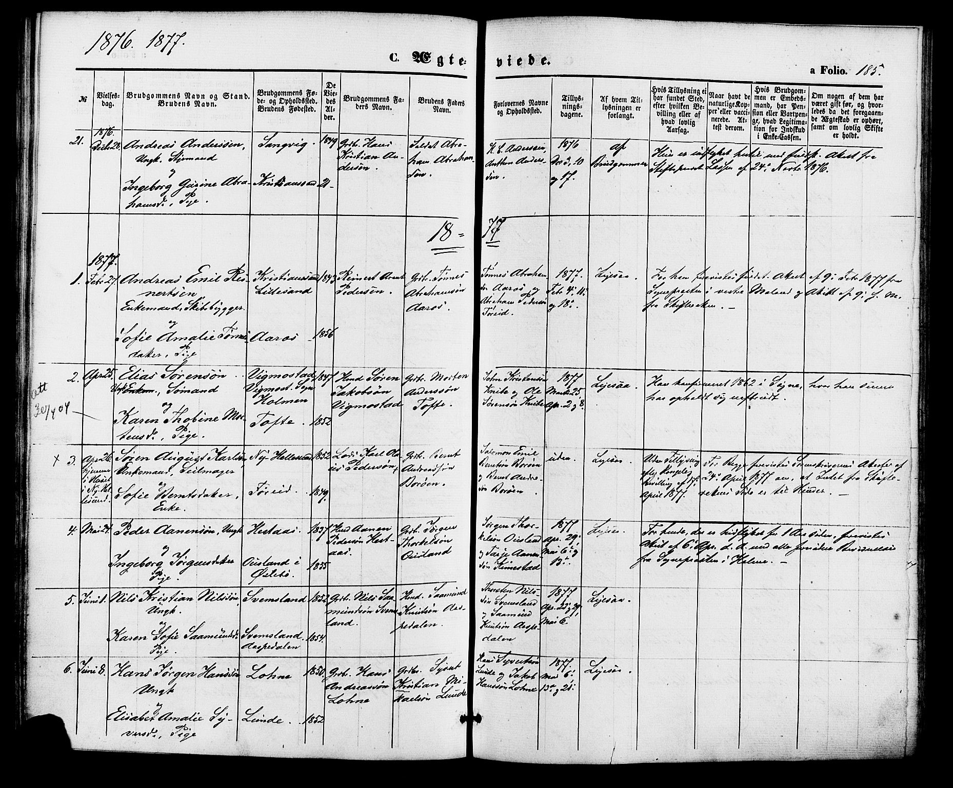 Søgne sokneprestkontor, SAK/1111-0037/F/Fa/Fab/L0011: Parish register (official) no. A 11, 1869-1879, p. 185