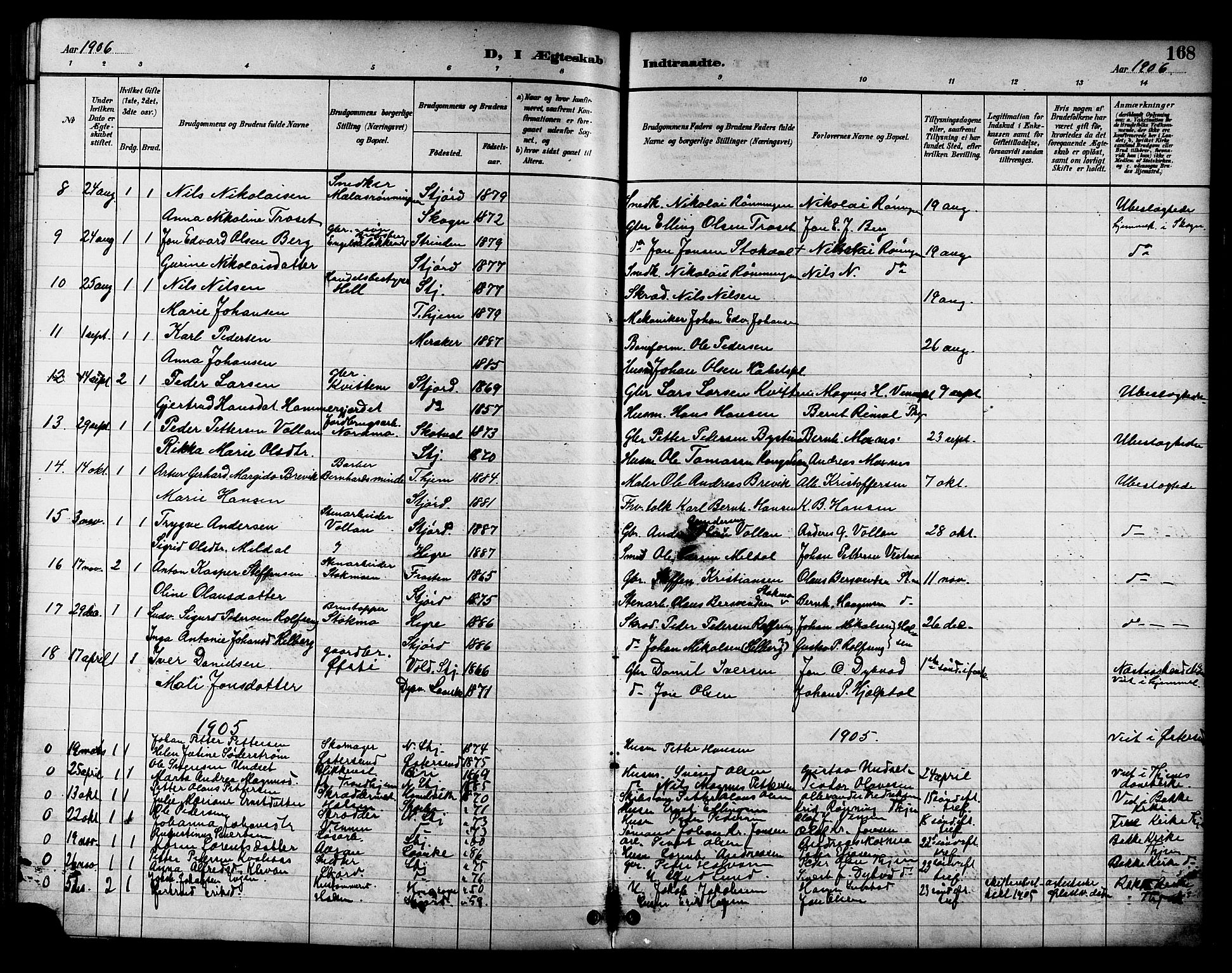 Ministerialprotokoller, klokkerbøker og fødselsregistre - Nord-Trøndelag, SAT/A-1458/709/L0087: Parish register (copy) no. 709C01, 1892-1913, p. 168