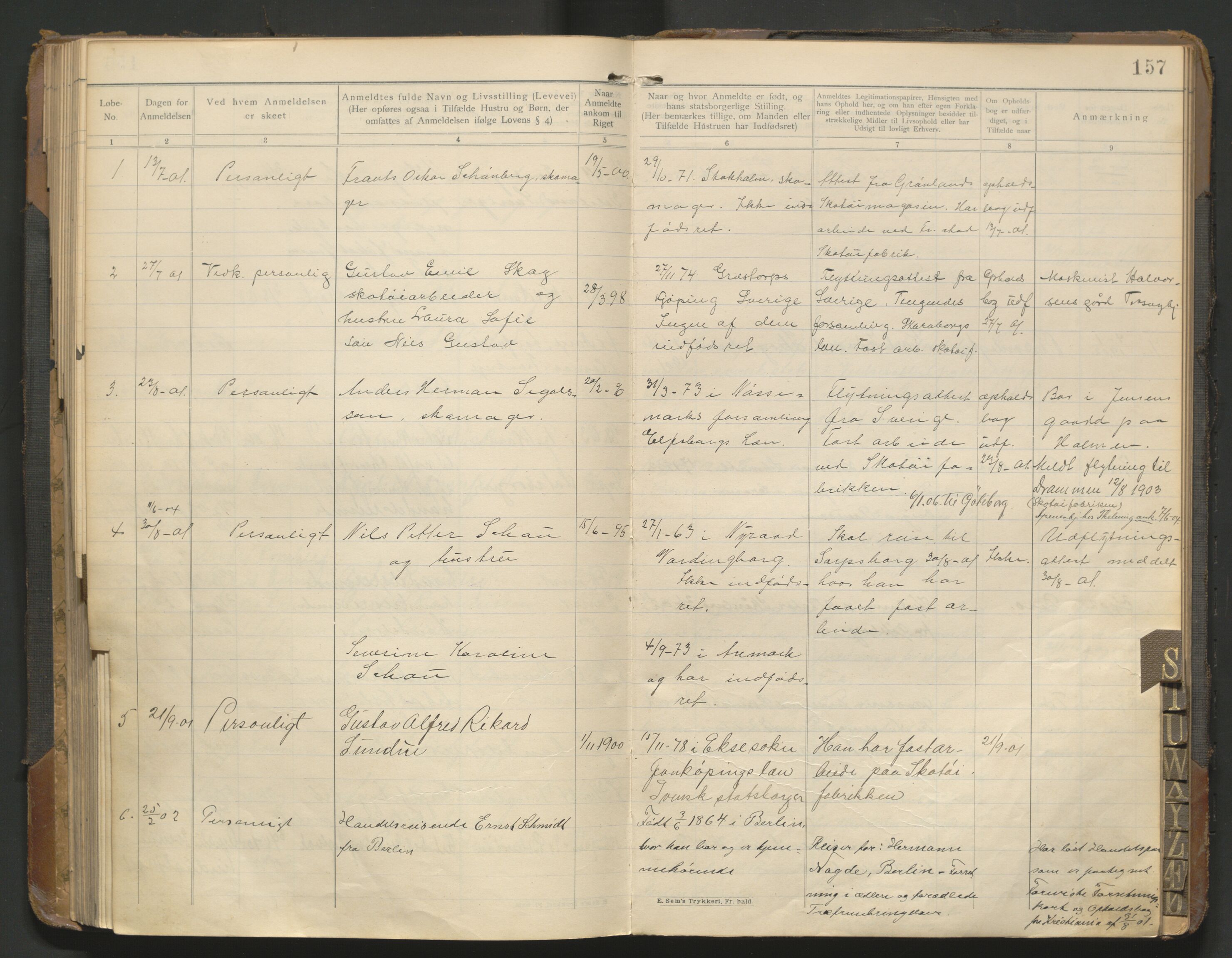 Fredrikstad politikammer, AV/SAO-A-10055/H/Hb/Hba/L0001: Protokoll over fremmede statsborgere, 1901-1916, p. 156b-157a