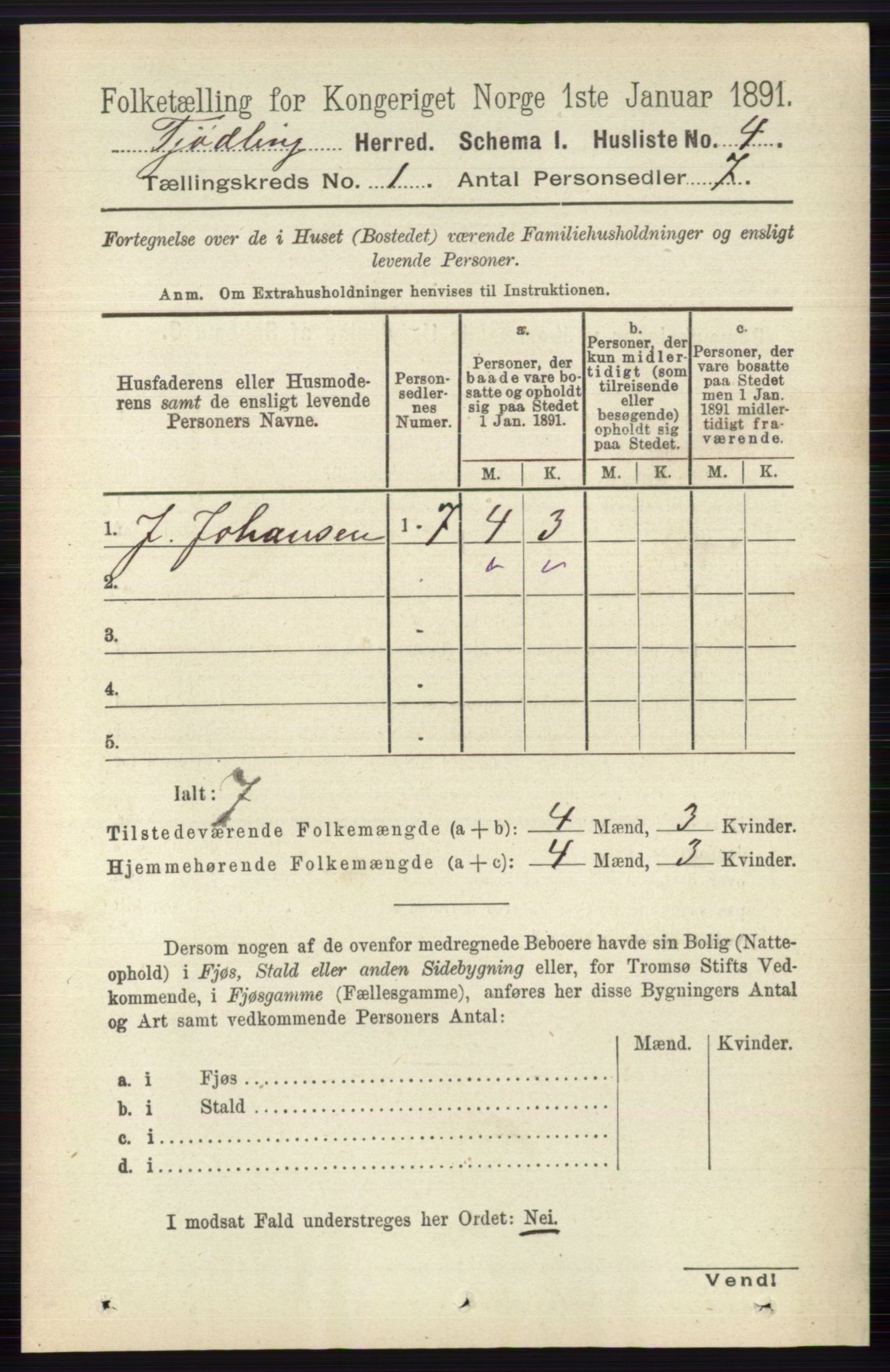 RA, 1891 census for 0725 Tjølling, 1891, p. 30