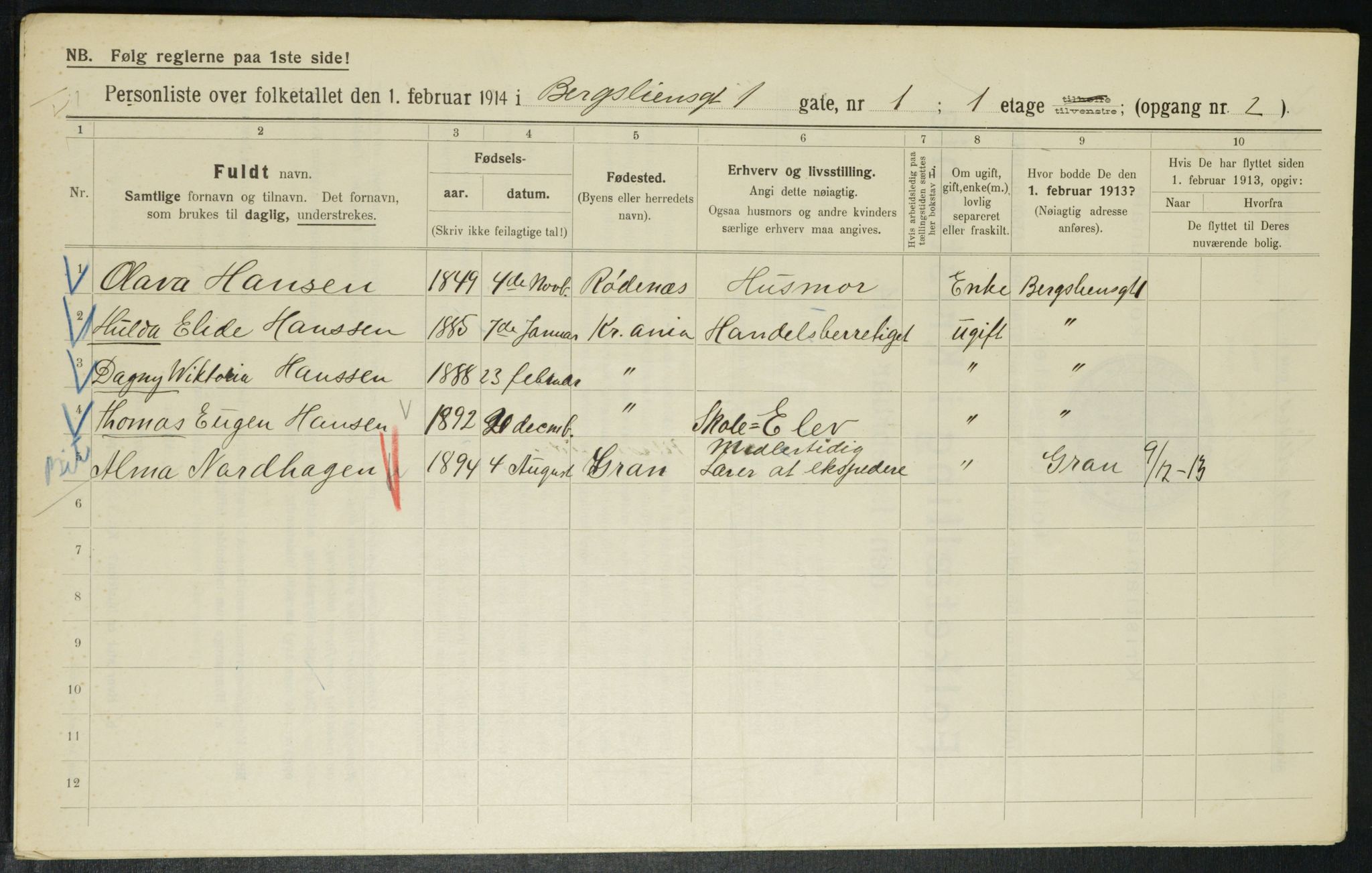 OBA, Municipal Census 1914 for Kristiania, 1914, p. 4016