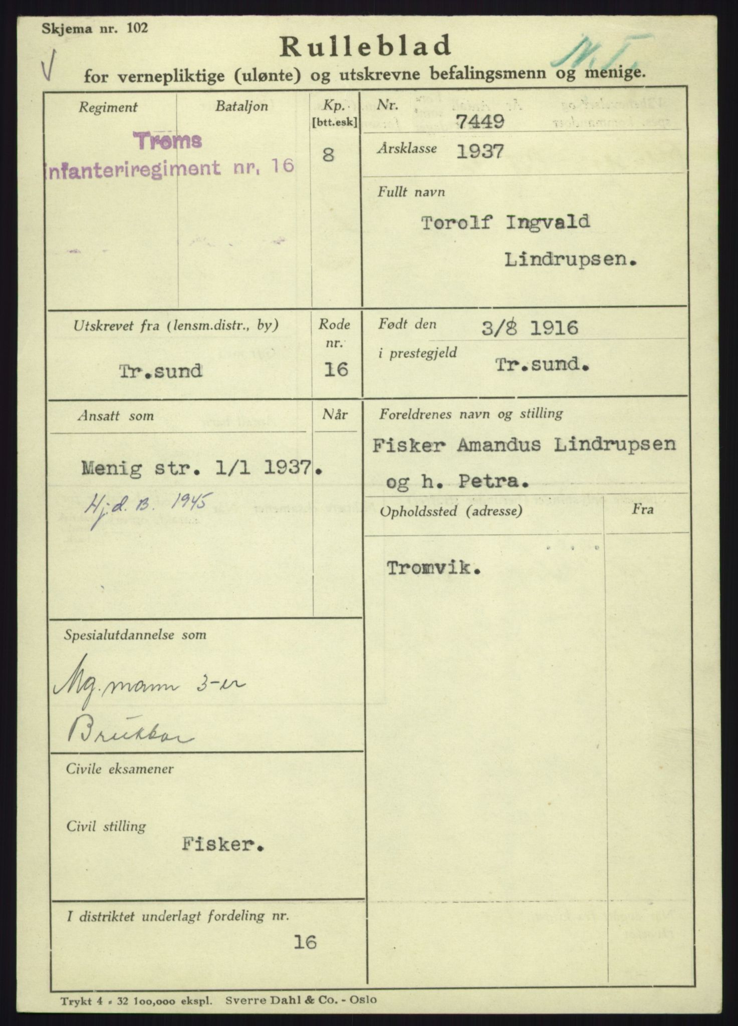 Forsvaret, Troms infanteriregiment nr. 16, AV/RA-RAFA-3146/P/Pa/L0021: Rulleblad for regimentets menige mannskaper, årsklasse 1937, 1937, p. 697