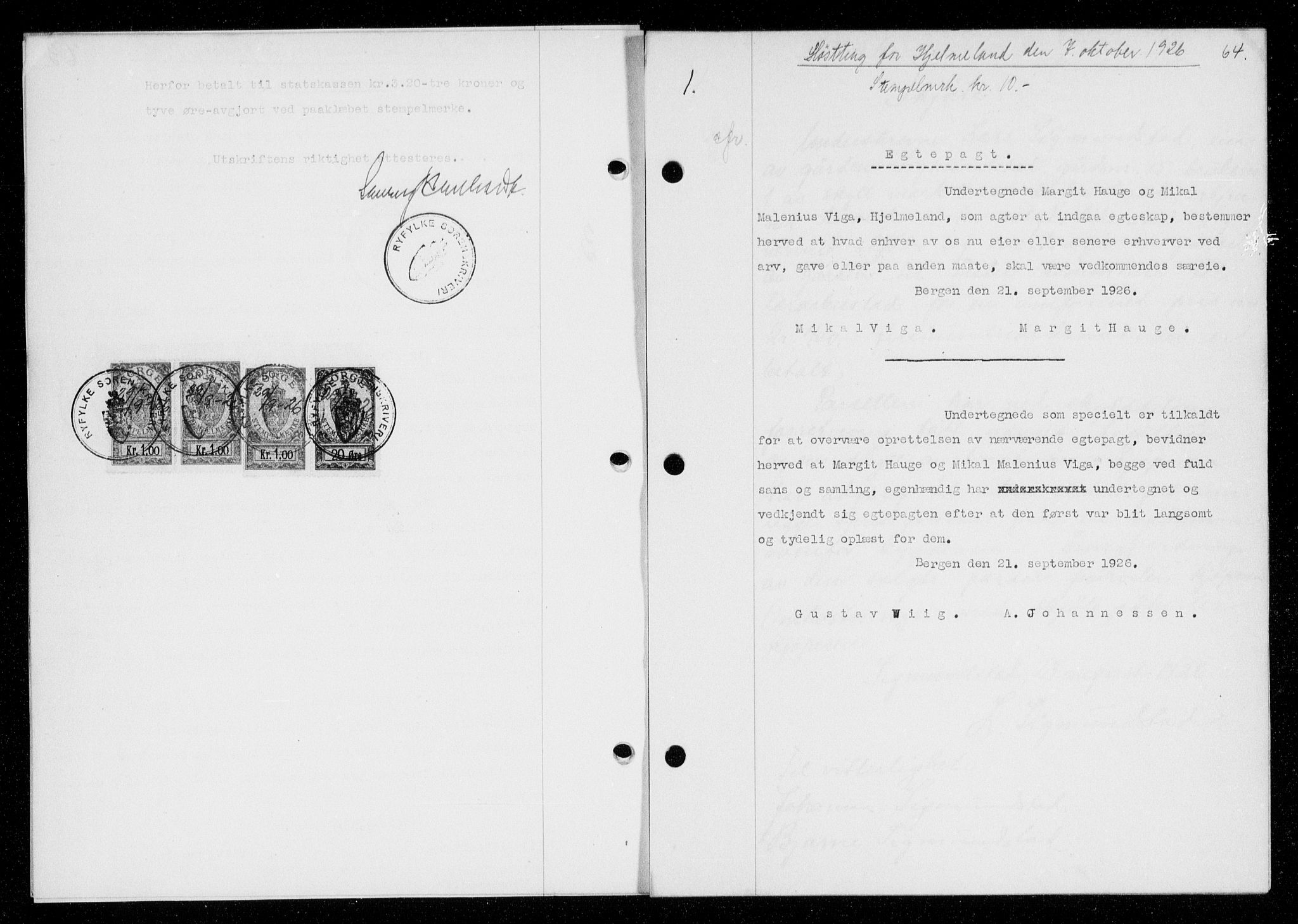 Ryfylke tingrett, SAST/A-100055/001/II/IIB/L0054: Mortgage book no. 33, 1926-1927, Deed date: 07.10.1926