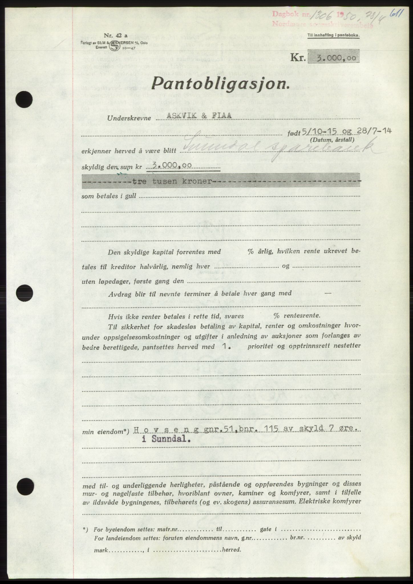 Nordmøre sorenskriveri, AV/SAT-A-4132/1/2/2Ca: Mortgage book no. B104, 1950-1950, Diary no: : 1306/1950