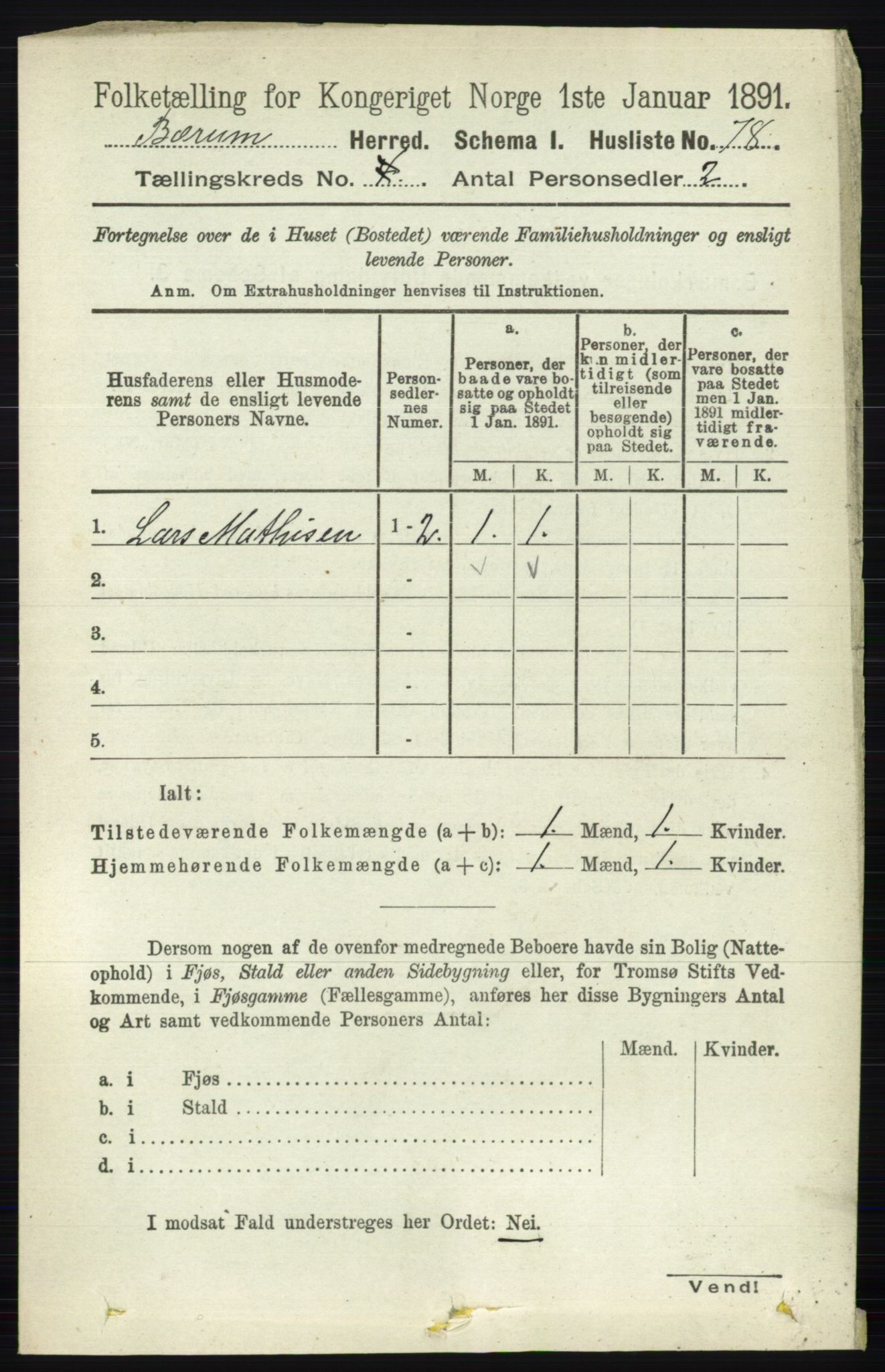 RA, 1891 census for 0219 Bærum, 1891, p. 2483