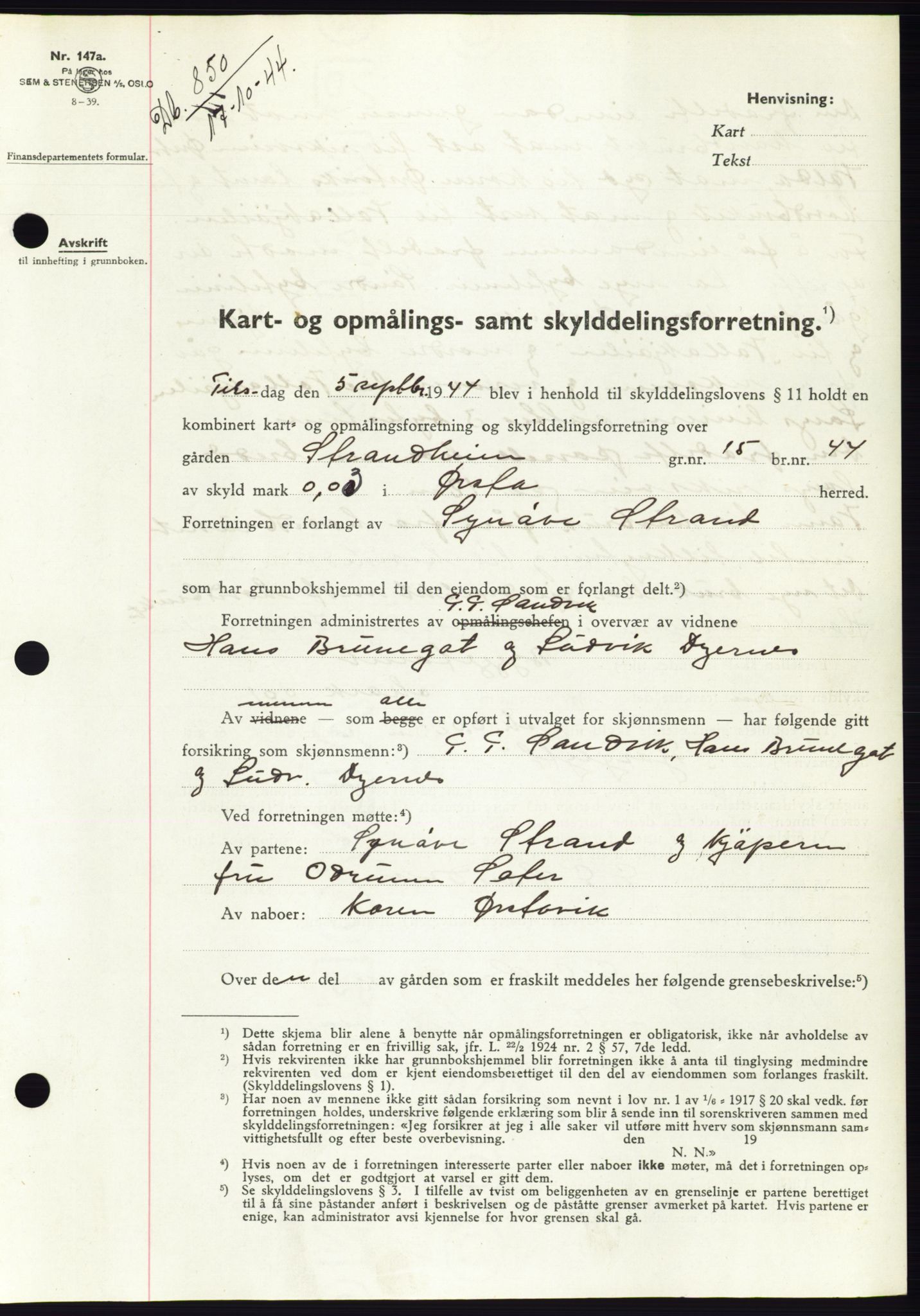 Søre Sunnmøre sorenskriveri, SAT/A-4122/1/2/2C/L0076: Mortgage book no. 2A, 1943-1944, Diary no: : 850/1944