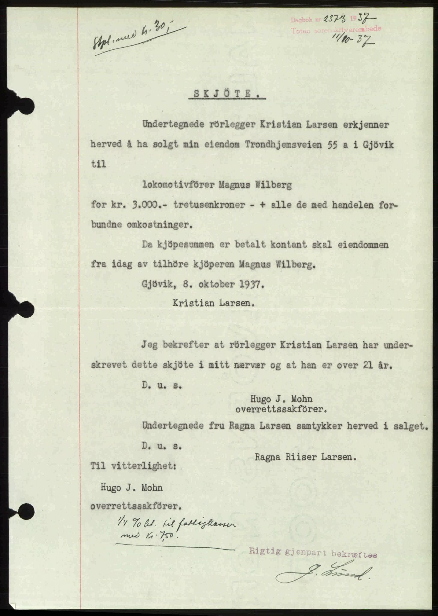 Toten tingrett, SAH/TING-006/H/Hb/Hbc/L0003: Mortgage book no. Hbc-03, 1937-1938, Diary no: : 2373/1937