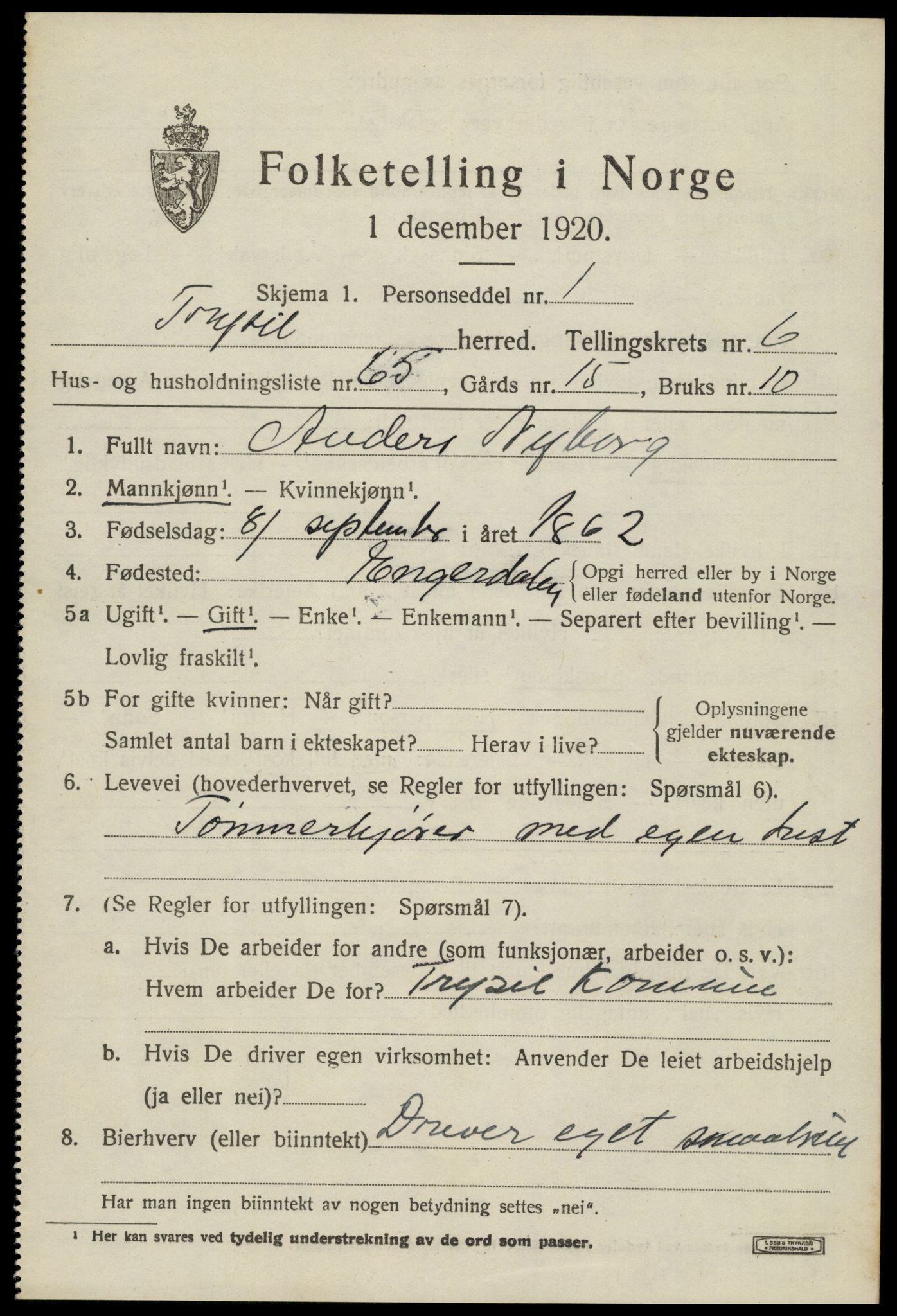 SAH, 1920 census for Trysil, 1920, p. 5215