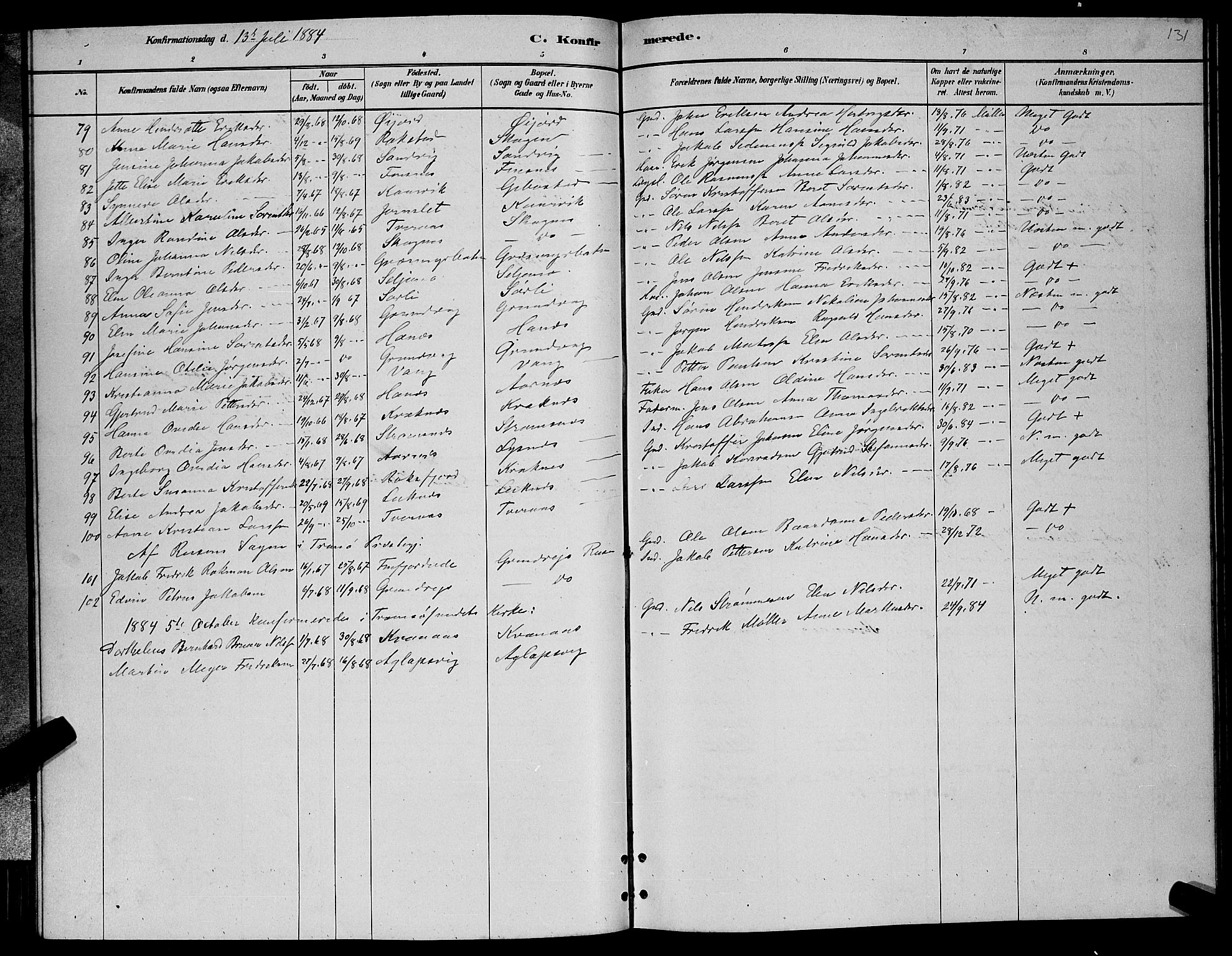 Lenvik sokneprestembete, SATØ/S-1310/H/Ha/Hab/L0006klokker: Parish register (copy) no. 6, 1881-1889, p. 131