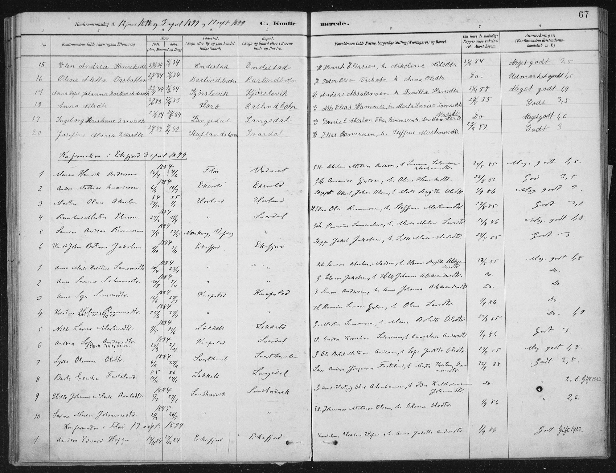 Kinn sokneprestembete, SAB/A-80801/H/Haa/Haae/L0001: Parish register (official) no. E 1, 1890-1916, p. 67
