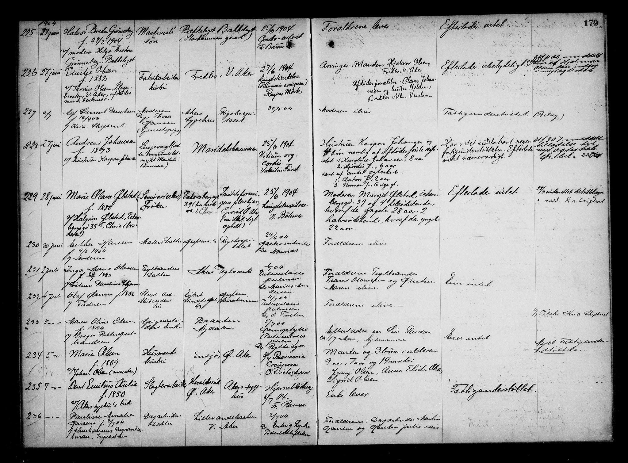 Aker kriminaldommer, skifte- og auksjonsforvalterembete, AV/SAO-A-10452/H/Hb/Hba/Hbaa/L0001: Dødsfallsprotokoll, 1901-1907, p. 179