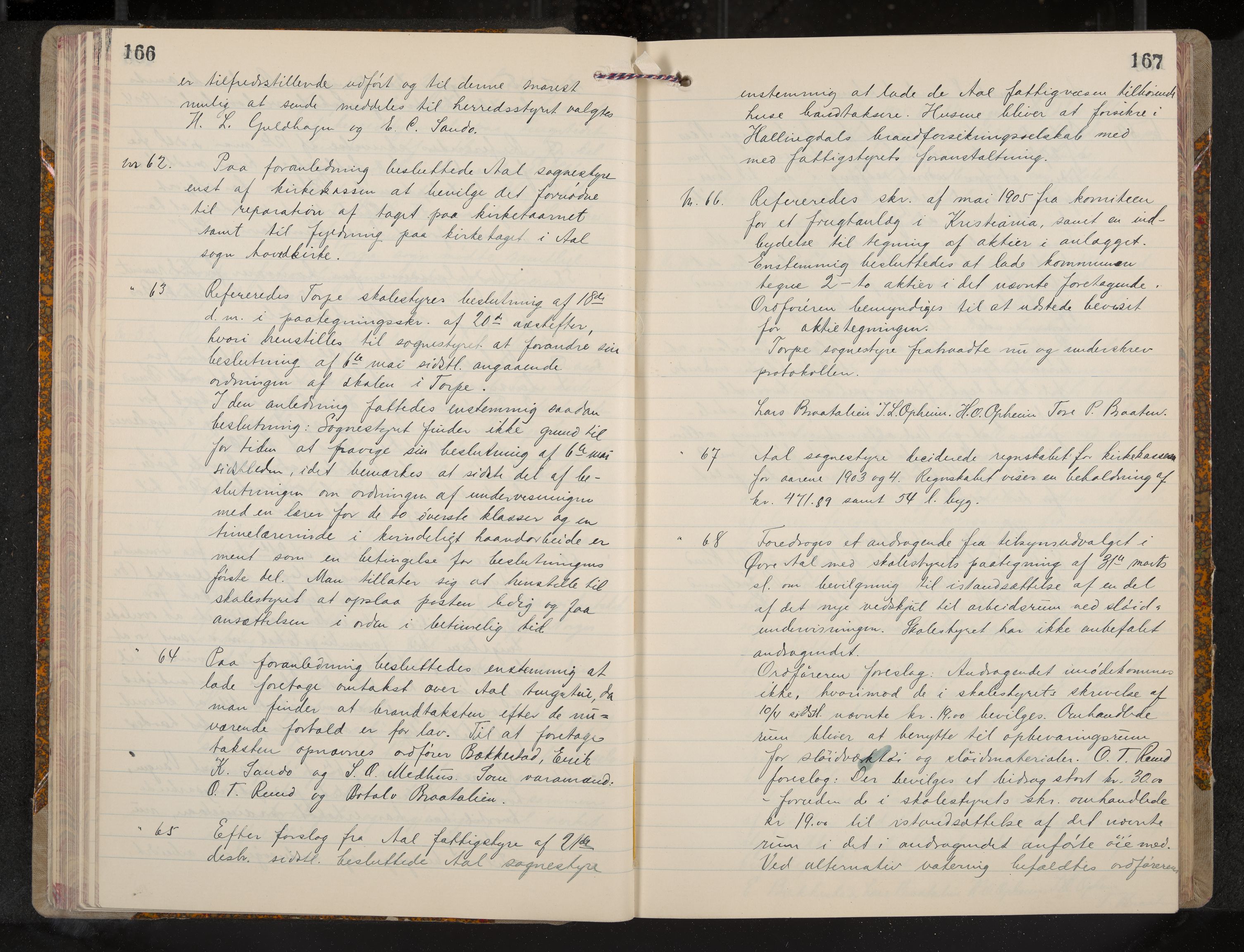 Ål formannskap og sentraladministrasjon, IKAK/0619021/A/Aa/L0005: Utskrift av møtebok, 1902-1910, p. 166-167