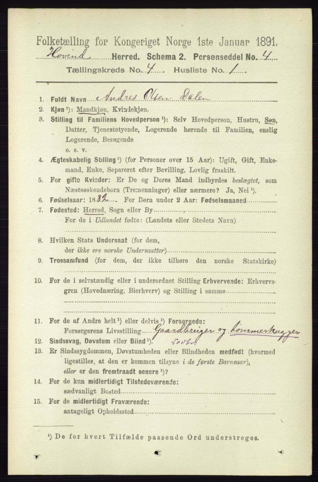 RA, 1891 census for 0825 Hovin, 1891, p. 815